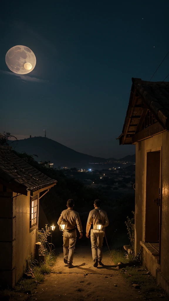set at night, two men, Zé Raimundo and Tião, holding lanterns as they walk towards an abandoned house on top of a hill on a full moon night, with determined expressions and a sense of mystery in the air.