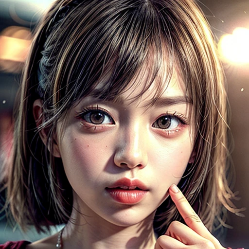 (highest quality,Super detailed,Physically Based Rendering:1.2), (RAW, Realistic, Photorealistic:1.37),Portraiture,Beautiful young woman with Delicate facial features,Soft lighting, ((Playfully licking finger with tongue, Gently placing a finger in the mouth)), (Close-up shot of sensual lips),Cheeks turn slightly red,A gentle and captivating gaze, cute BabyLike finger . Studio gray background, Light Particles, many blurred colorful Lights (dazzling bokeH) . BREAK . (((NOGIZAKA face variations)))  Extremely Detailed very KAWAII face variations, elaborate detailed Eyes with (sparkling highlights:1.2), (Voluminous long eyelashes:0.9)、Glossy RED Lips with beautiful details, Coquettish tongue, Rosy cheeks, Radiant PearlSkin with clear transparency, (Natural:0.7) Detailed FlawlessSkin with glowing DowneyHair . { (Dynamic LifeLike expressions) | :d) }, (large eyes:-1) . mouth_hold