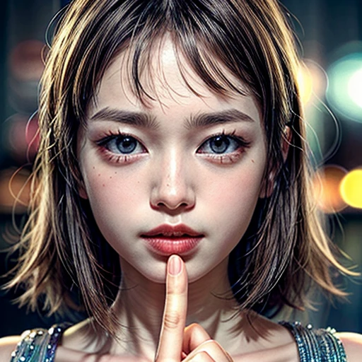 (highest quality,Super detailed,Physically Based Rendering:1.2), (RAW, Realistic, Photorealistic:1.37),Portraiture,Beautiful young woman with Delicate facial features,Soft lighting, ((Playfully licking finger with tongue, Gently placing a finger in the mouth)), (Close-up shot of sensual lips),Cheeks turn slightly red,A gentle and captivating gaze, cute BabyLike finger . Studio gray background, Light Particles, many blurred colorful Lights (dazzling bokeH) . BREAK . (((NOGIZAKA face variations))) Extremely Detailed very KAWAII face variations, elaborate detailed Eyes with (sparkling highlights:1.2), (Voluminous long eyelashes:0.9)、Glossy RED Lips with beautiful details, Coquettish tongue, Rosy cheeks, Radiant PearlSkin with clear transparency, (Natural:0.7) Detailed FlawlessSkin with glowing DowneyHair . { (Dynamic LifeLike expressions) | :d) }, (large eyes:-1) . mouth_hold