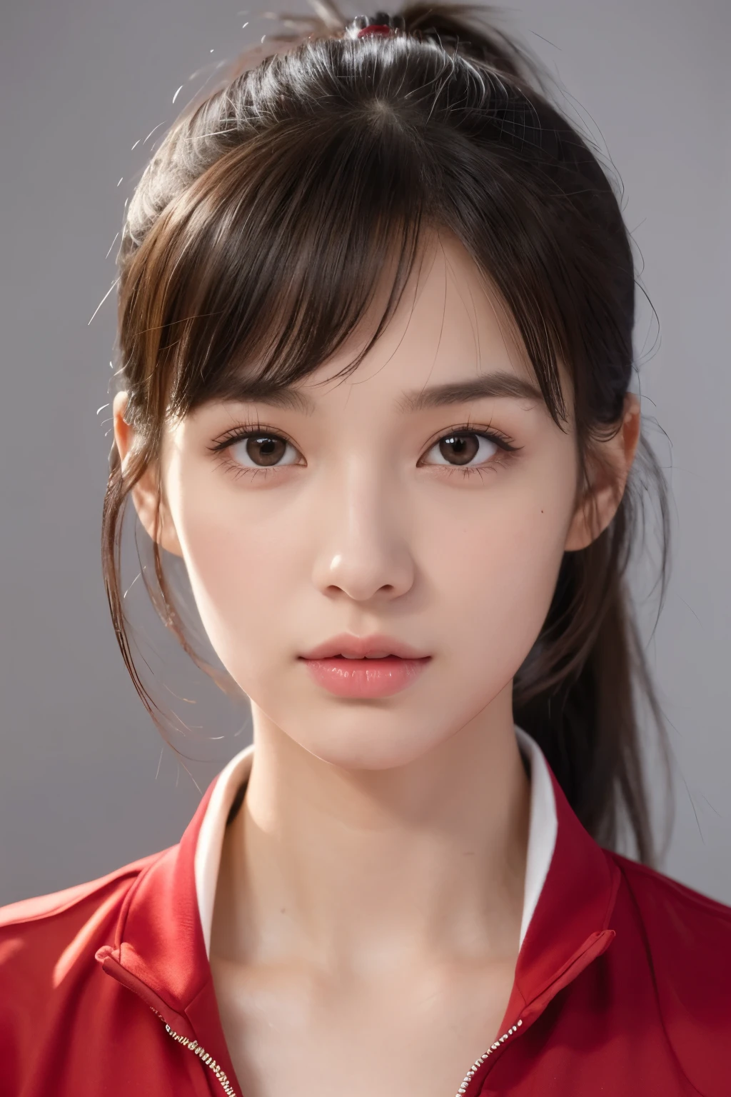 A girl with ponytail and bangs, 25 years old, slender, gentle appearance, facing the viewer, wearing a red track jacket, against a grey background, headshot, canadian volleyball player, realistic, detailed portrait, photorealistic, hyperrealistic, beautiful detailed eyes, beautiful detailed lips, extremely detailed face, long eyelashes, elegant, serene, athletic, fit, dynamic pose,