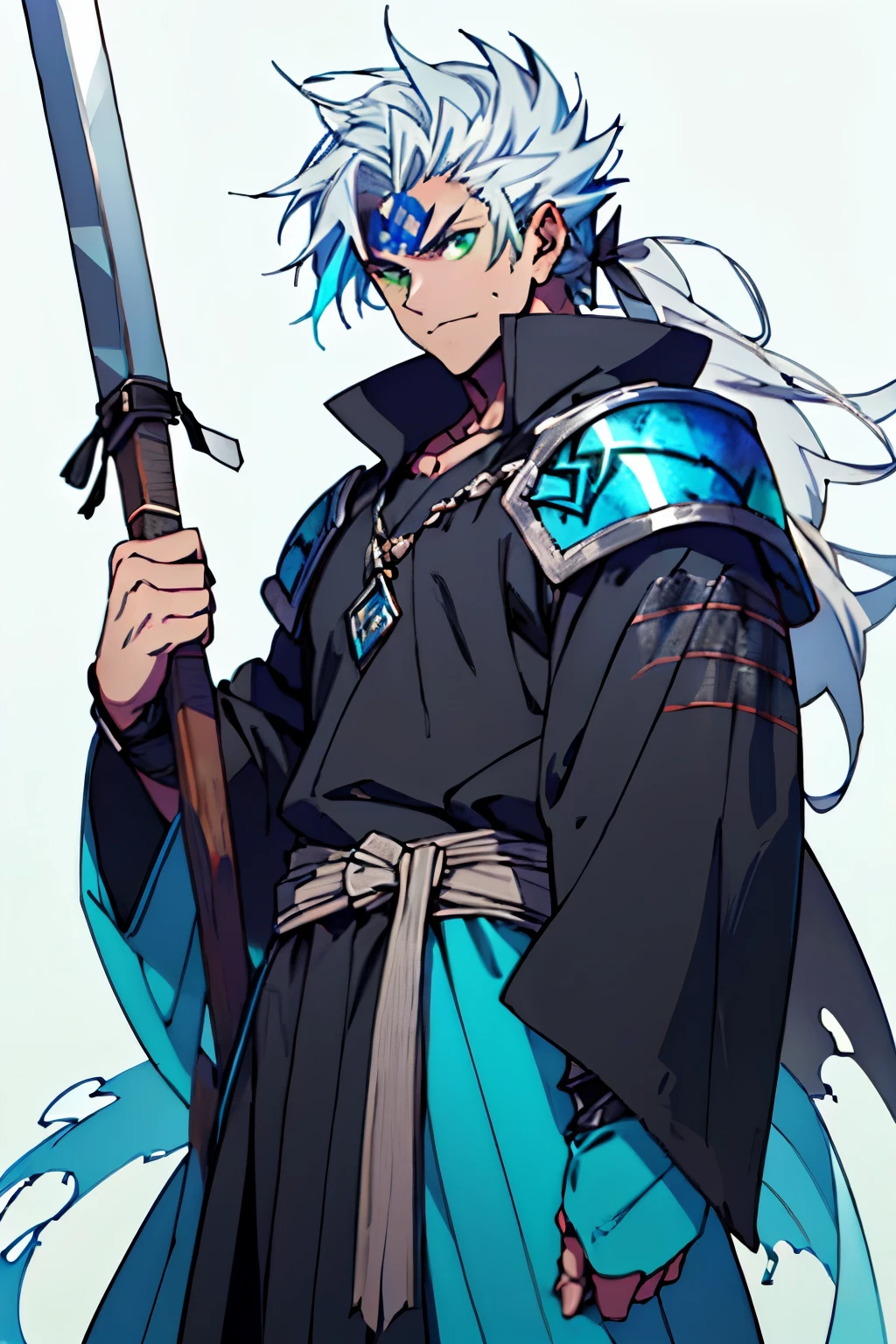 an anime man 1.80 tall (long silver hair) with (green eyes) with (a scar on his forehead in x) and (several runes on his body with a blue color but the most striking is one that resembles a dragon in your back) 

clothes (he wears a torn cloak and a jointed chest and shoulder pads made of old plates with a symbol of two dragons)

his weapon (it is a bow made of black steel with blue runes that attach to a blue stone in the middle of the bow)