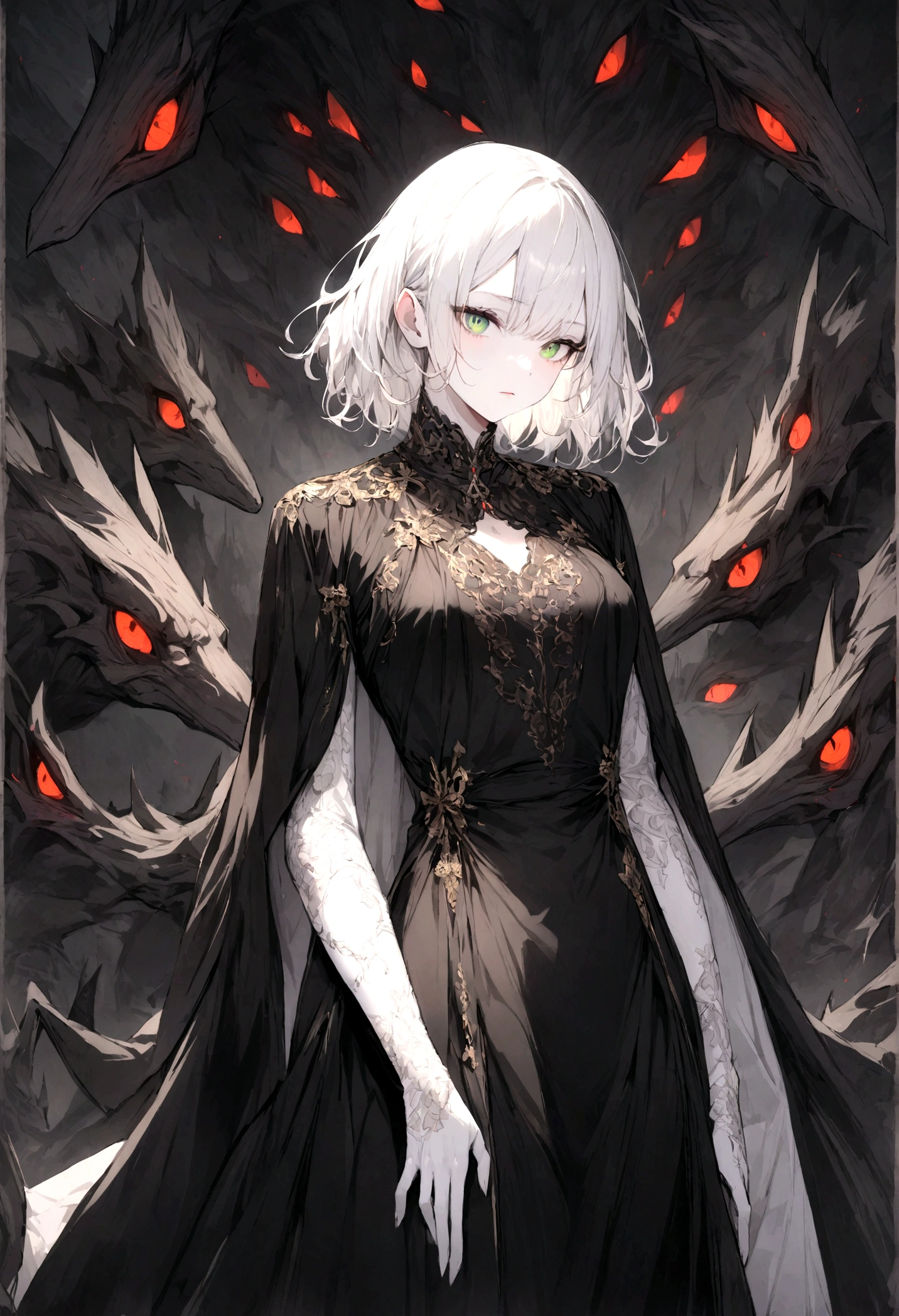 young man, (((male))), (((man))), (((one person))), single, solo, (((white colored hair))), (((red colored eyes))), ((blood red colored eyes)), (medium short hair), (((grey colored skin))), wavy hair, slim figure, ((flat chest)), ((wearing fantasy clothes)), fantasy style, (((wearing flowers in his hair))), ((flowers in hair)), ((pointy ears)), ((spiderlily flowers)), (sunny weather), smiling, black colored flowers, dark red colored flowers, thorns, spikes, warm light, gold colored details, (undead), (happy), (cute face), black colored blood, black blood, black ink splatter, black ink, holding a pocketwatch on a chain, river in the background, dead trees in the background