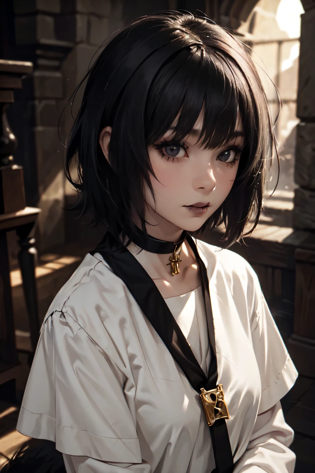 1Girl, woman, emo_hairstyle, black lipstick, dog collar, eyeliner, eye shadow, smoky eyes, realistic lighting, short hair, standing up, medieval, priest, giving a prayer.