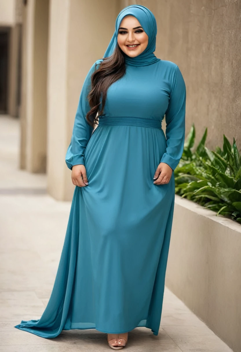 Plus size Muslim she wearing blue dress Bent over smiles sucking his cock