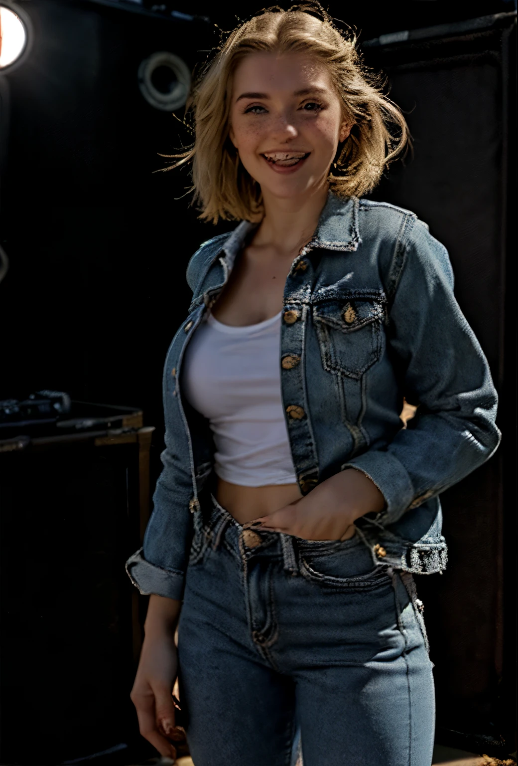 A 21-year-old girl named Kate with short blonde hair, very nice medium-sized breasts, and a height of 1.60 meters, has a white British style. Kate is beautiful, with an angelic face and light freckles around her nose. Kate is wearing light blue jeans with a light denim jacket and a plain white shirt underneath. Kate is wearing light-colored All Star sneakers. She is standing with a music recording studio in the background, equipped with a guitar, an electric guitar, a mixing console, and all the equipment typical of a recording studio. Kate is standing with a microphone near her mouth as if she is singing, posing for a photo for the marketing of her new song. Kate looks happy.
