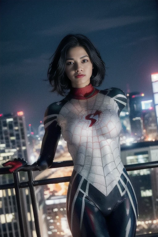 (Extreme Detail CG Unity 8K wallpaper, masterpiece, highest quality), (Exquisite lighting and shadow, highly dramatic graphics, Cinematic lens effect), (A girl in a white Spider-Man costume, from a parallel universe, city skyline in the background, dynamic pose), (excellent detail, outstanding lighting, wide angle), (excellent rendering, enough to stand out in its class)