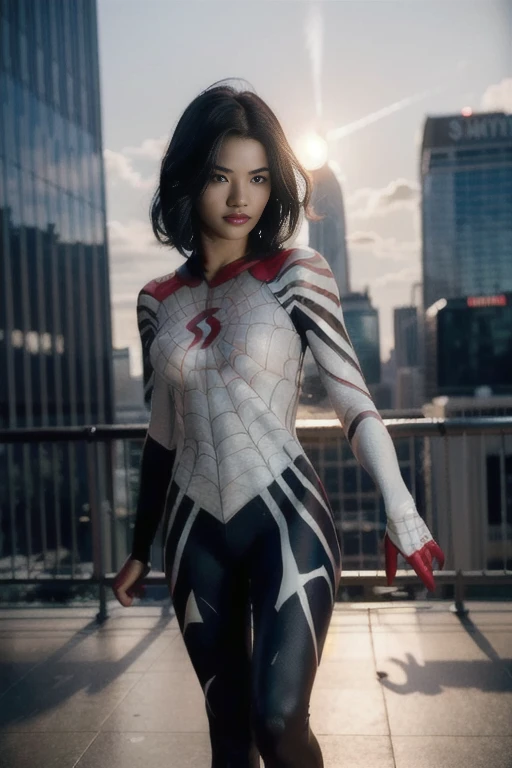 (Extreme Detail CG Unity 8K wallpaper, masterpiece, highest quality), (Exquisite lighting and shadow, highly dramatic graphics, Cinematic lens effect), (A girl in a white Spider-Man costume, from a parallel universe, city skyline in the background, dynamic pose), (excellent detail, outstanding lighting, wide angle), (excellent rendering, enough to stand out in its class)