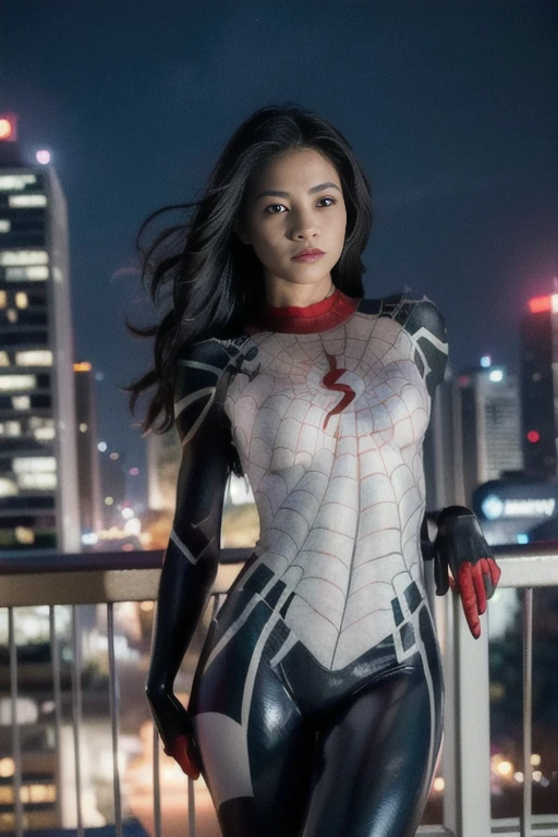 (Extreme Detail CG Unity 8K wallpaper, masterpiece, highest quality), (Exquisite lighting and shadow, highly dramatic graphics, Cinematic lens effect), (A girl in a white Spider-Man costume, from a parallel universe, city skyline in the background, dynamic pose), (excellent detail, outstanding lighting, wide angle), (excellent rendering, enough to stand out in its class)
