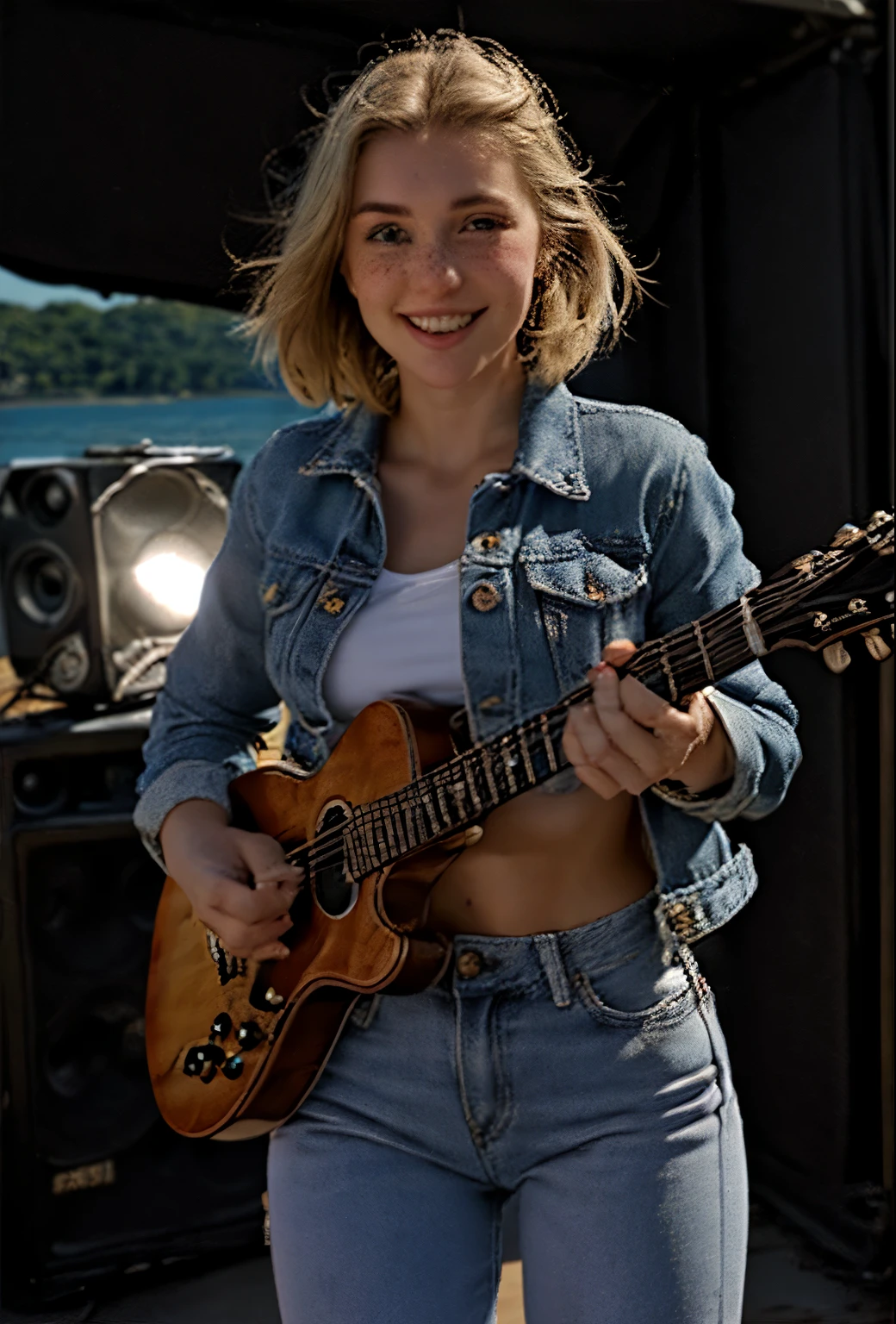 A 21-year-old girl named Kate with short blonde hair, very nice medium-sized breasts, and a height of 1.60 meters, has a white British style. Kate is beautiful, with an angelic face and light freckles around her nose. Kate is wearing light blue jeans with a light denim jacket and a plain white shirt underneath. Kate is wearing light-colored All Star sneakers. She is standing with a music recording studio in the background, equipped with a guitar, an electric guitar, a mixing console, and all the equipment typical of a recording studio. Kate is standing with a microphone near her mouth as if she is singing, posing for a photo for the marketing of her new song. Kate looks happy.