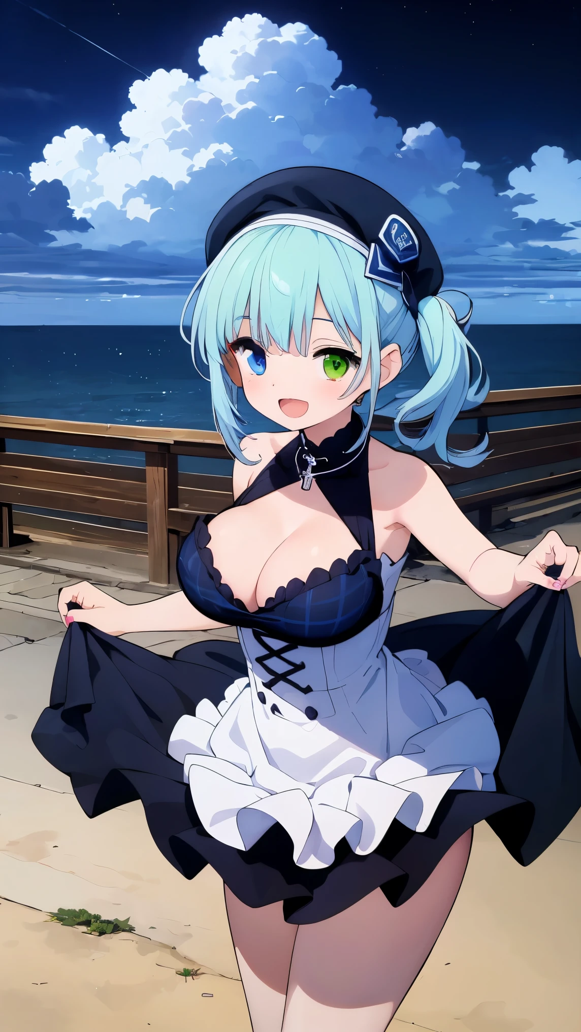 (8k, RAW photo, best quality, masterpiece, highres, absurdres, ultra detailed:1.3), (Photography, realistic, photo-realistic:1.4), (beautiful natural lighting, beautiful deatailed shadow, beautiful detailed glow :1.4), atmospheric,
BREAK Beauty 1 Girl,Solo,(Cute:1.5),(Chibi:0.6),(kawaii:1.5),(:0.5),BREAK,(17 yl),Very detailed,colourfull,highest details,Clear skin,Beautiful skin,Shy,Very detailed,colourfull,highest details,BREAK,Clear skin,Beautiful skin,Shy skin,1 beautiful girl,(Heterochromia,blue eyes,green eyes:1.75),star eye silhouette,BREAK (pale blue hair, Medium length:1.4),(side ponytail,A little curly hair,Princess Cut, crossed bangs:1.3),,(cleavage of the ig breasts,Beautreasts,ts:1.5),(long eyelashele eyelids:1.2gleaming skin, Clear skin, Beautiful skin,(best quality face),(Top quality glowing eyes), (The best smile,:D:1.45), BREAK
(short sleeve A-line sundress with mint pink and black tartan check print:1.4), (U-neck:1.3), (socks:1.3), (shoes:1.2),
BREAK
Wear white sandals that have a spring feel to them, and paint your nails and toenails pink to match the spring theme to enhance your charm.,
BRAEK
She wears natural makeup, but her cheeks and lips have spring-like colors that add to her charm.
Her hat is a (white newsboy cap:1.2) to block out the spring sun, and the bags and accessories she carries are in colors that match spring.,
BRAEK
( cloud,sky,hair_ornament,cloudy_sky,night,ocean,
looking_at_viewer,outdoors,star_\(sky\),horizon,night_sky,water,lake,boots,blue_theme,bare_shoulders,jewelry,bubble,looking away,strappy heels,
cross-laced footwear:1.5),(leaning foward:1.45),
BREAK wakame,wakame,wakame,(cowboy shot, from front:1.4), BREAK manga illustration,manga style,