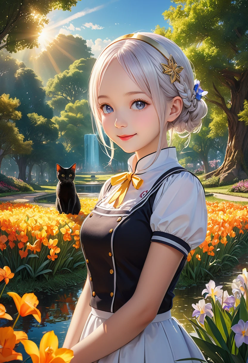 (Panorama, Center, Masterpiece, Highest Quality: 1.2), (8K, Raw Photos, Highest Quality), ((Masterpiece: 1.2)), Realistic, Ultra High Resolution, High Contrast, Photon Mapping, Vivid Colors, Composition seen from a distance, distant view, 26mm, Super Detailed, Raw Photos, Authentic, Official Art, RAW Photos, Professional Lighting, Lights, Vivid Atmosphere, finest illustration, best shadows),(An image with a composition with a large background and a small person), A smiling girl (Emilia princess from Re:Zero, elegant silver-haired girl with delicate features, beautiful detailed eyes, long eyelashes, full lips, colorful makeup, slim waist, wearing a academy uniform, short sleeve top, photorealistic, (best quality,4k,8k,highres,masterpiece:1.2),ultra-detailed,(realistic,photorealistic,photo-realistic:1.37), extremely detailed face and eyes, highly detailed iris, (cute)), A smiling girl and a black kitten are watching over the sprouts in the park, The park is bathed in soft morning light, and the trees and flowers are beautiful, giving a sense of the power of life, green and gold and silver gradients, the atmosphere where you can feel the excitement of adventure, an atmosphere of happiness and joy, a world view of high fantasy, a magnificent composition, beautifully depicted with the golden rule, Guardian nebulae of iridescent lights and silvery vapors, colors of corrosive siege rays, slimy air,