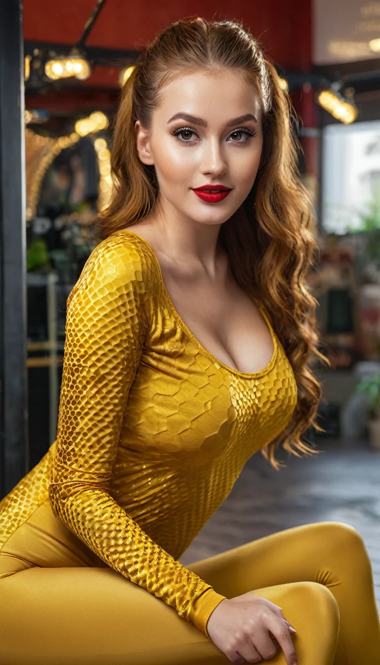 hyperrealistic beautiful busty 19-year-old woman with long legs wearing shiny golden yellow bodycon longsleeve and leggins with honeycomb pattern, model shooting full body photography, ginger very long straight updo hair, soaky wet skin, dark eye makeup with eyeliner, seductive smile, red lips, 8K, Best quality, Meisterwerk, ultra high resolution, (Realismus: 1.4), Originalfoto, (realistische Hautstruktur: 1.3), (Filmkorn: 1.3), (Selfie-Winkel), 1 girl, Beautiful round hazel eyes and facial details, Meisterwerk, Best quality, indoor photography, nsfw