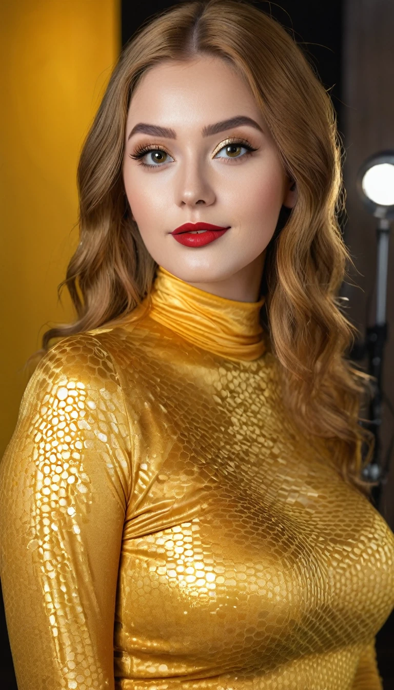 hyperrealistic beautiful busty 19-year-old woman with long legs wearing shiny golden yellow bodycon longsleeve and leggins with honeycomb pattern, model shooting full body photography, ginger very long straight updo hair, soaky wet skin, dark eye makeup with eyeliner, seductive smile, red lips, 8K, Best quality, Meisterwerk, ultra high resolution, (Realismus: 1.4), Originalfoto, (realistische Hautstruktur: 1.3), (Filmkorn: 1.3), (Selfie-Winkel), 1 girl, Beautiful round hazel eyes and facial details, Meisterwerk, Best quality, indoor photography, nsfw