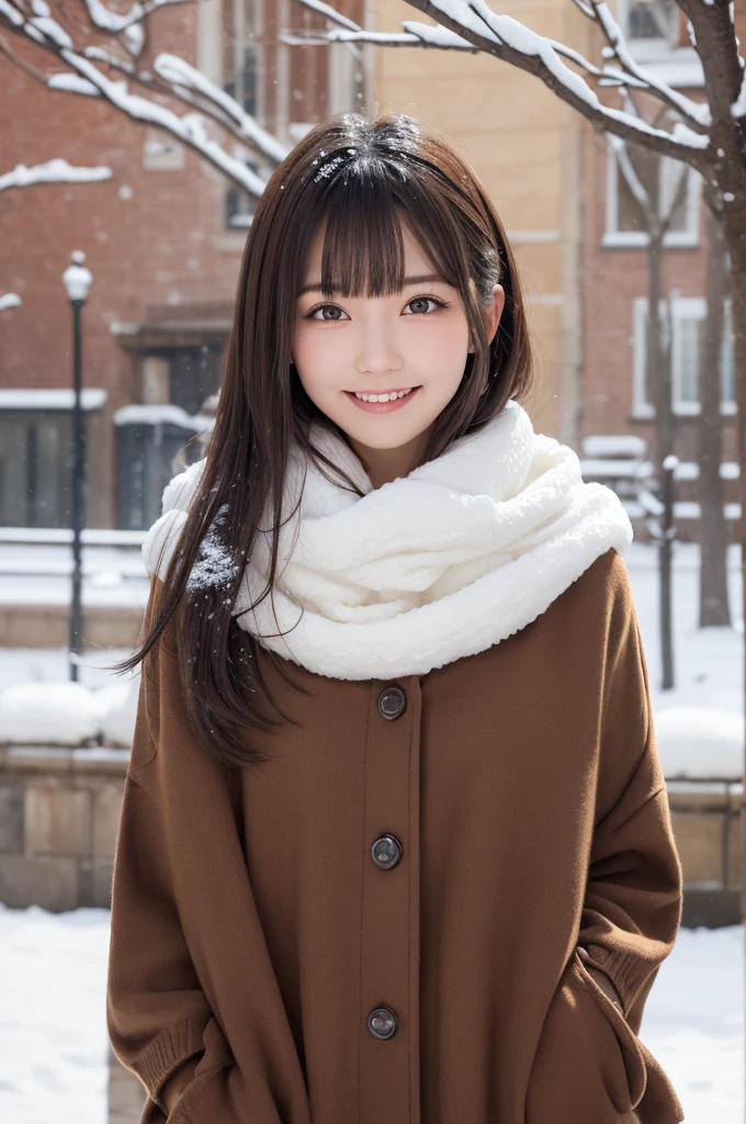 masterpiece, highest quality, One girl, (a beauty girl, Delicate girl:1.3), (19 years old:1.3), Definition of very fine particles, (Symmetrical eyes:1.3), (Snow scene background,The snow is shining and sparkling:1.2), (Warm winter clothes:1.2), Small breasts, Brown eyes, Parted bangs, Silver Hair,  girl, (Eye and facial details:1.0), (Get closer to the face, Zoom in on face, Face Focus:1.0),Duck Mouth,The best smile