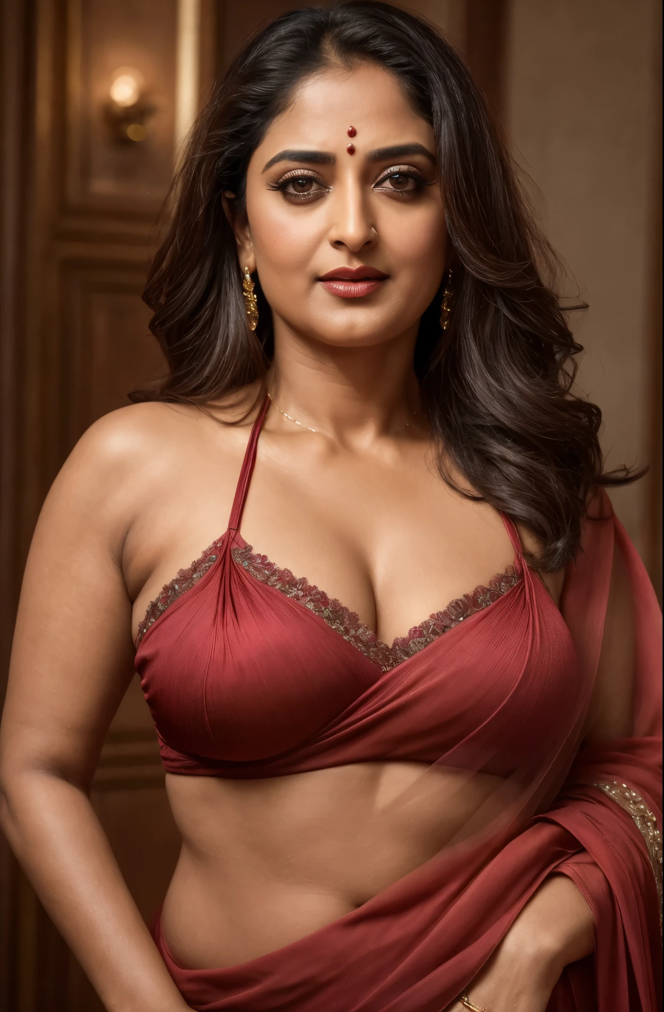 50yo mature MILF Anushka Shetty,((best quality)), ((masterpiece)), ((realistic)), eye kajal, mascara, red lips, sensual Beauty, provoking body, extreme sweat, sweat soaked skin, slight stretch marks, alluring figure,  bulging figure, thick charming lady, curvy, thick navel, full figured woman, eye kajal, massive breast, full body, styled hair, pierced eyes, female face,royal aura, trend on artstation , sharp focus, studio photo, intricate detail, very detailed, detailed eye, illustration, very detailed, sharp focus, digital render, professional, 4k