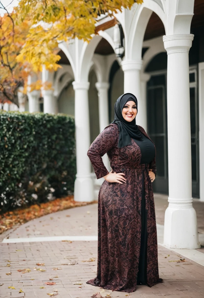 Plus size Muslim she wearing Halloween dress Bent over smiles