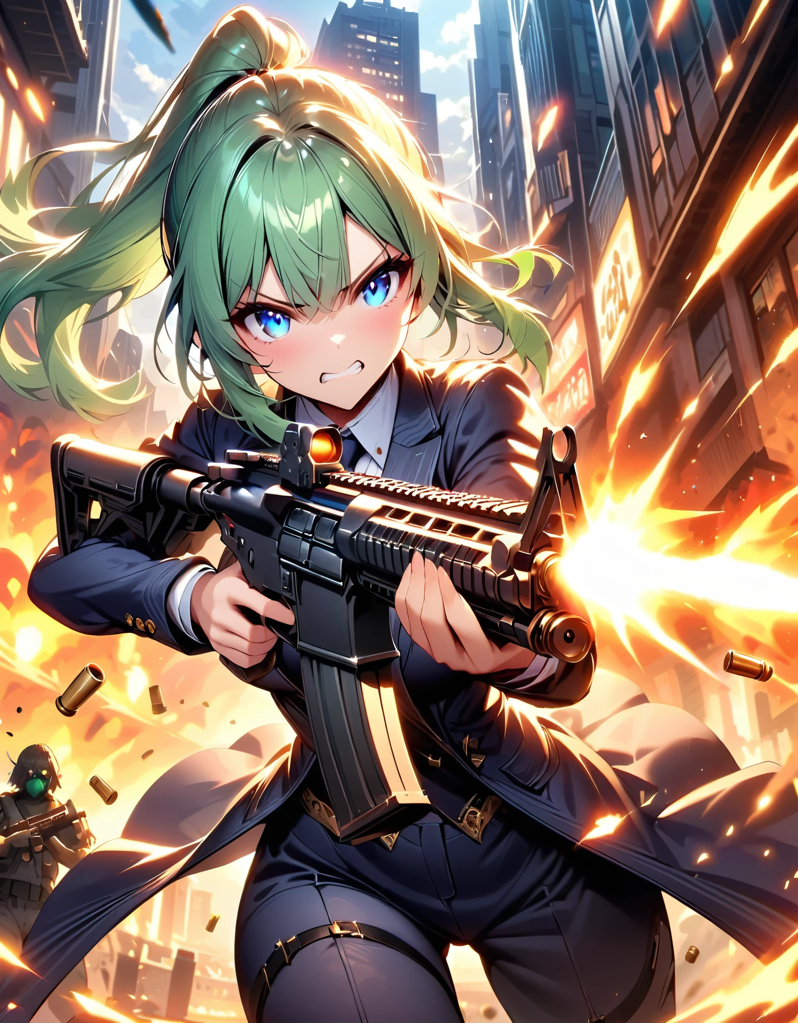 masterpiece, best quality, highres, 1girl, solo, solo focus, green hair, medium hair, ponytail, bangs, blue eyes, beautiful detailed eyes, beautiful detailed face, cute face. angry, clenched teeth. light grey suit and tie, matching pants, slacks, black dress shoes. dynamic action pose. tokyo city backdrop, outdoors. using and firing an assault rifle, (shell casings coming from the rifle), finger on trigger, perfect hand, perfect hands. cowboy shot. action atmosphere. (a gigantic bug monster sneaks behind her).