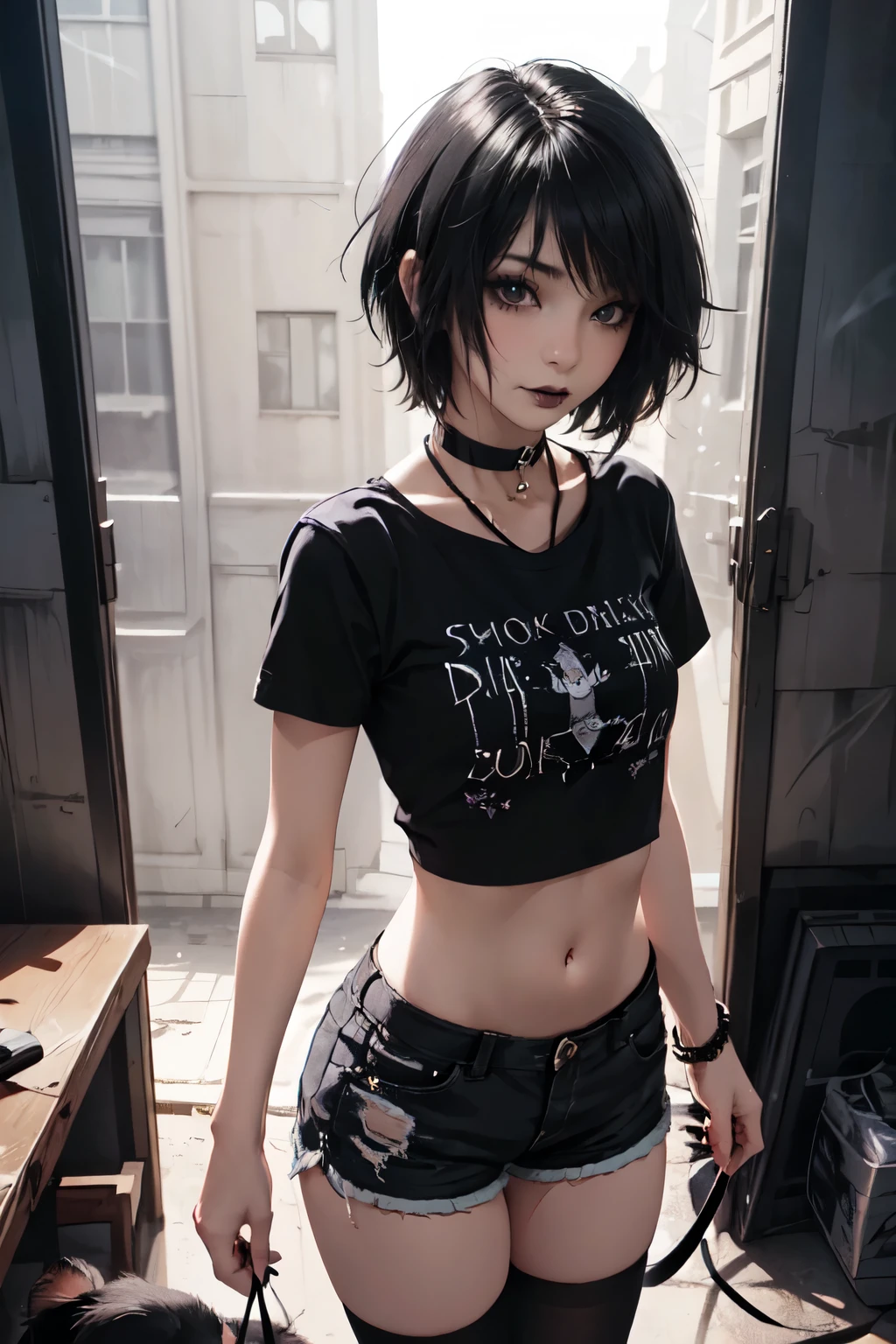 1Girl, woman, emo_hairstyle, black lipstick, dog collar, eyeliner, eye shadow, smoky eyes, realistic lighting, short hair, standing up, short shorts, shirt, midriff, short sleeves.