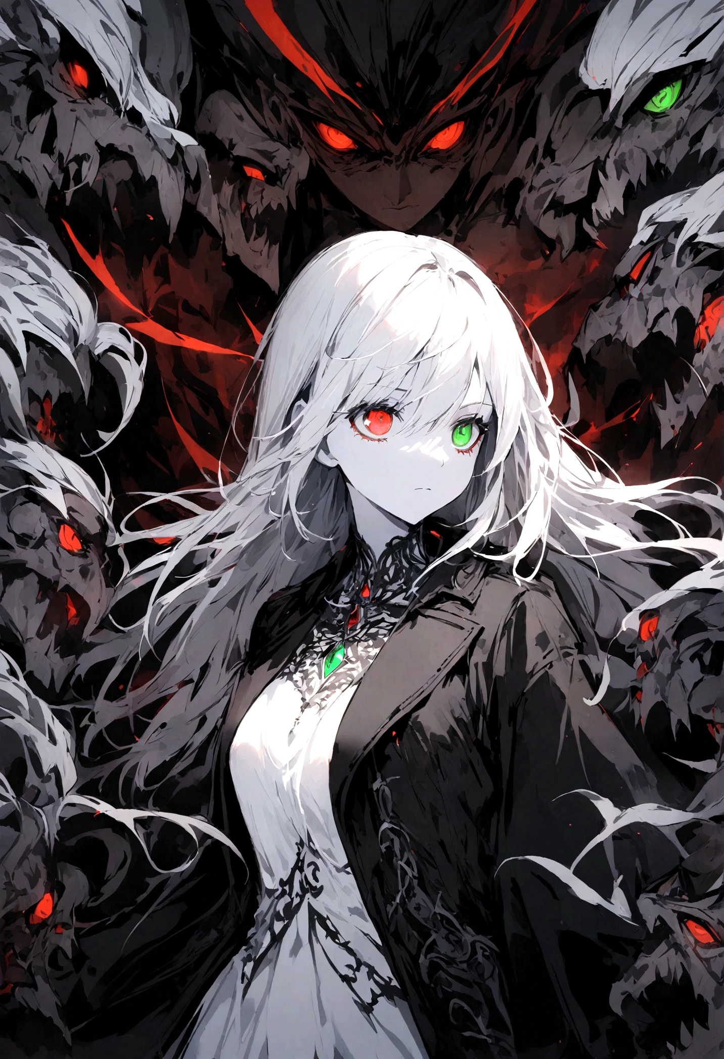 A girl with white hair, green eyes, and white skin confronts with her magic an evil man wearing a black coat and red eyes, with an army of monsters behind him.