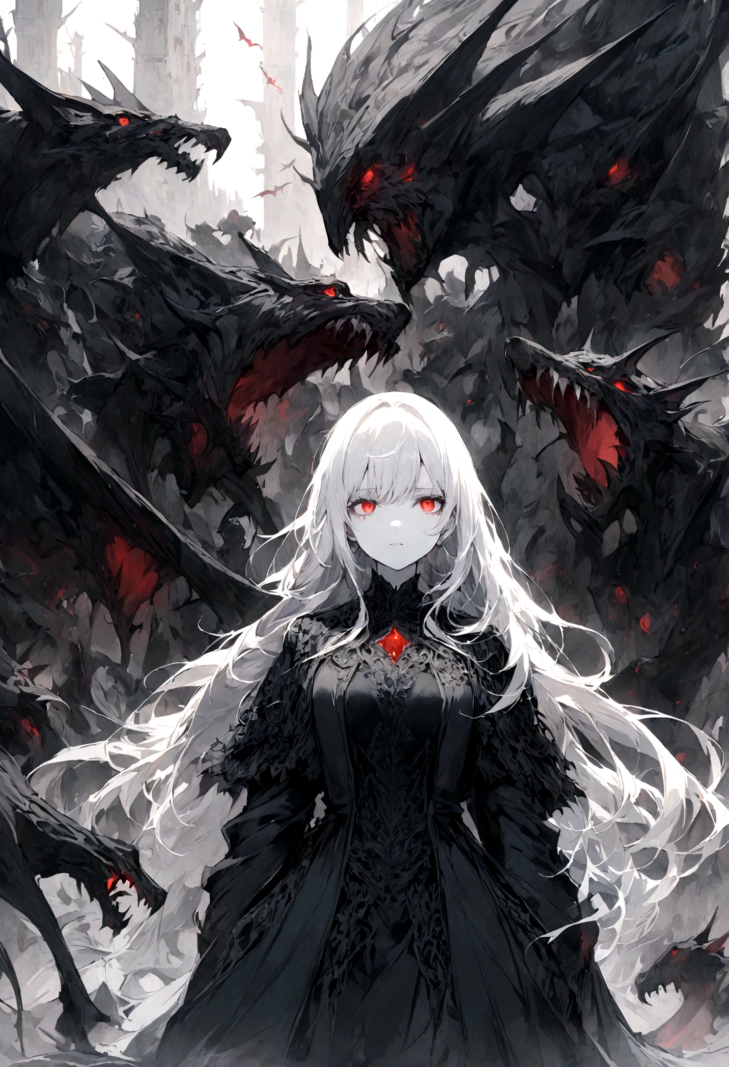 A girl with white hair, green eyes, and white skin confronts with her magic an evil man wearing a black coat and red eyes, with an army of monsters behind him.