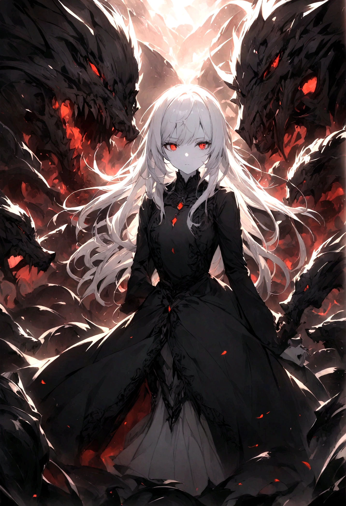 A girl with white hair, green eyes, and white skin confronts with her magic an evil man wearing a black coat and red eyes, with an army of monsters behind him. 