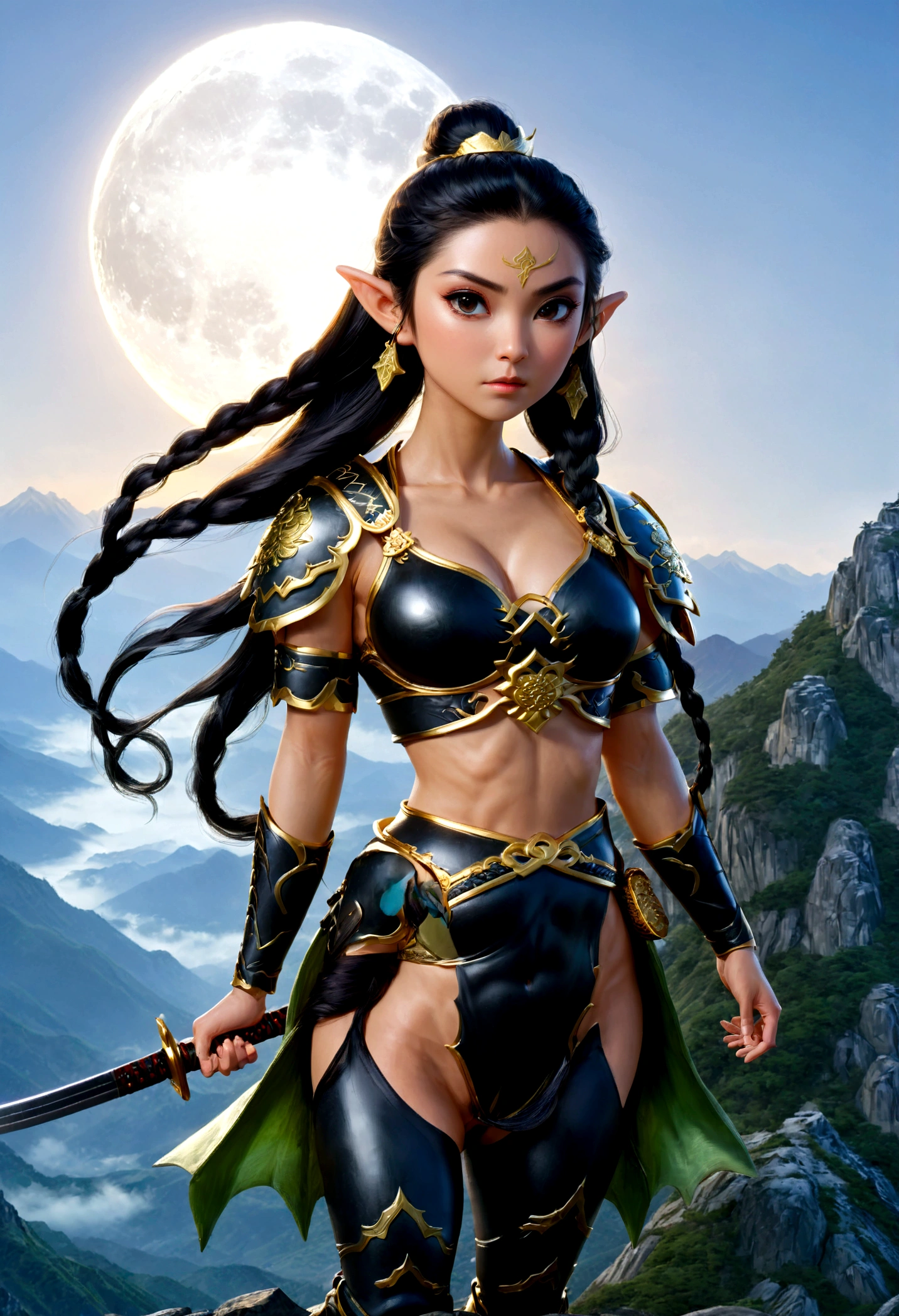fantasy art, RPG art, a female elf samurai, ready to battle, she wears traditional samurai armor, armed with a katana, she stands on top of the mountain at dawn, exquisite beautiful female elf, long hair, black hair, straight hair, braided hair, black eyes, intense eyes, small pointed ears, fantasy mountain top at dawn background, moon, stars, clouds, god rays, soft natural light silhouette, dynamic angle, photorealism, panoramic view, ultra best realistic, best details, 16k, [ultra detailed], masterpiece, best quality, (extremely detailed), photorealism, depth of field,