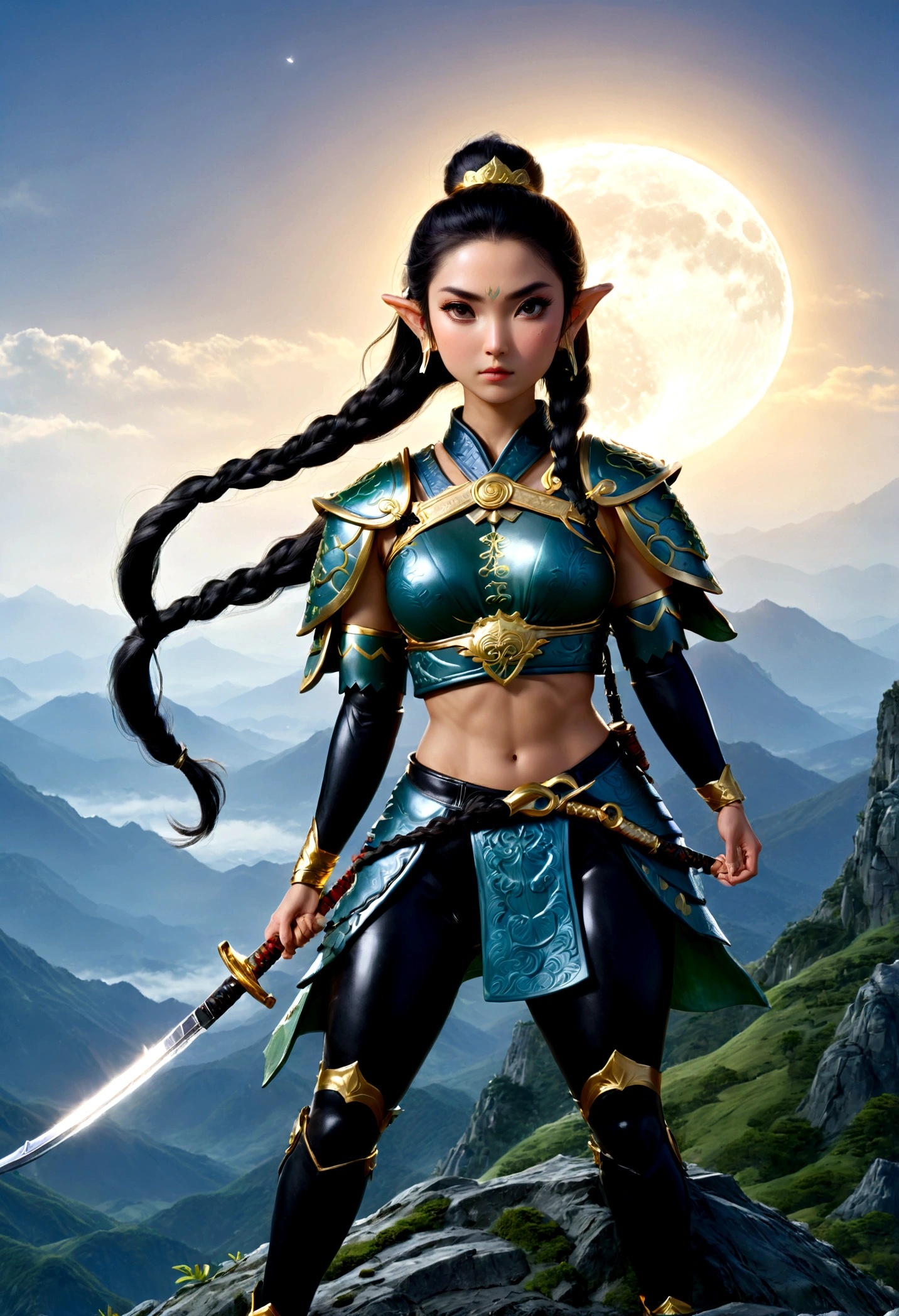 fantasy art, RPG art, a female elf samurai, ready to battle, she wears traditional samurai armor, armed with a katana, she stands on top of the mountain at dawn, exquisite beautiful female elf, long hair, black hair, straight hair, braided hair, black eyes, intense eyes, small pointed ears, fantasy mountain top at dawn background, moon, stars, clouds, god rays, soft natural light silhouette, dynamic angle, photorealism, panoramic view, ultra best realistic, best details, 16k, [ultra detailed], masterpiece, best quality, (extremely detailed), photorealism, depth of field,