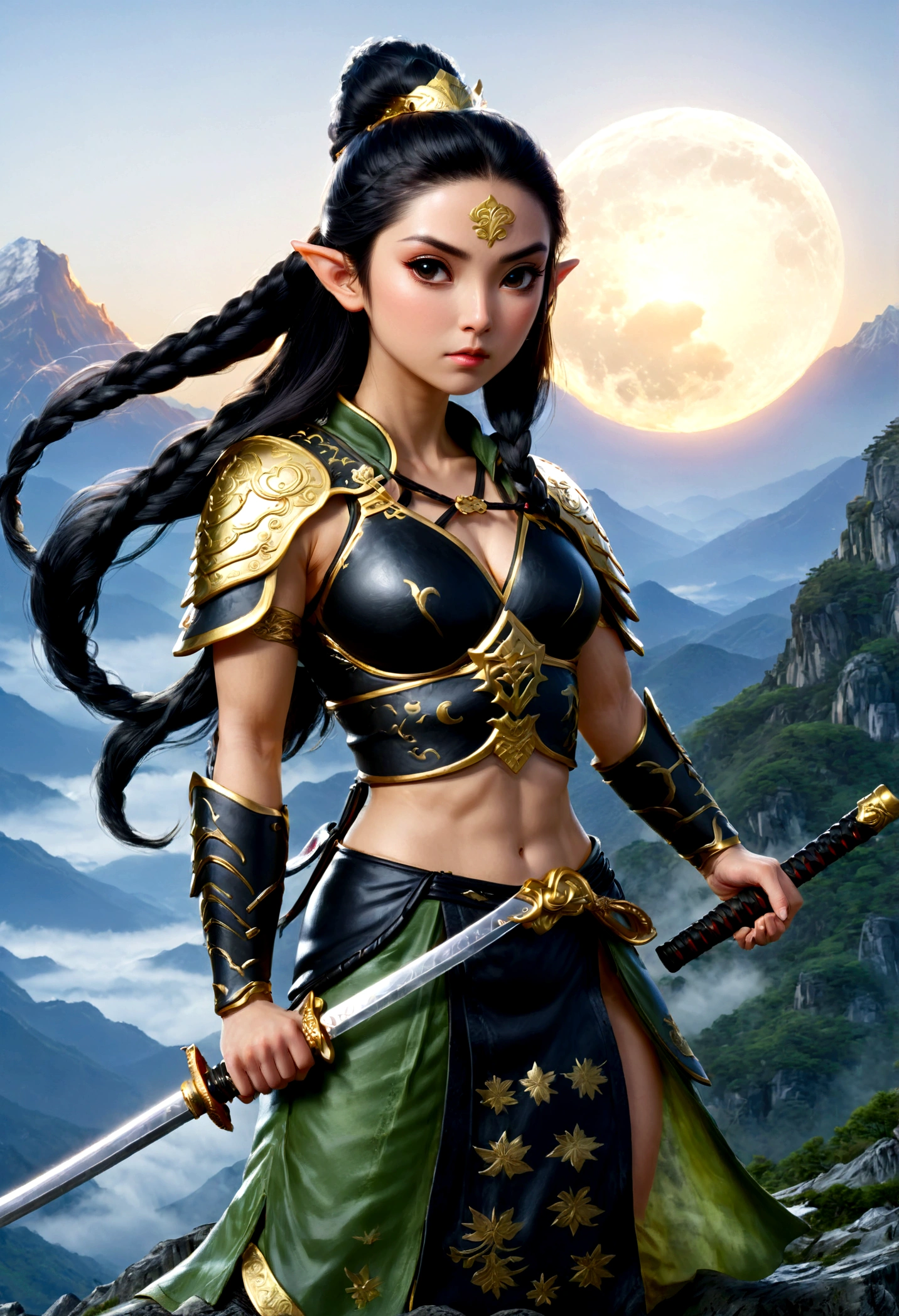 fantasy art, RPG art, a female elf samurai, ready to battle, she wears traditional samurai armor, armed with a katana, she stands on top of the mountain at dawn, exquisite beautiful female elf, long hair, black hair, straight hair, braided hair, black eyes, intense eyes, small pointed ears, fantasy mountain top at dawn background, moon, stars, clouds, god rays, soft natural light silhouette, dynamic angle, photorealism, panoramic view, ultra best realistic, best details, 16k, [ultra detailed], masterpiece, best quality, (extremely detailed), photorealism, depth of field,