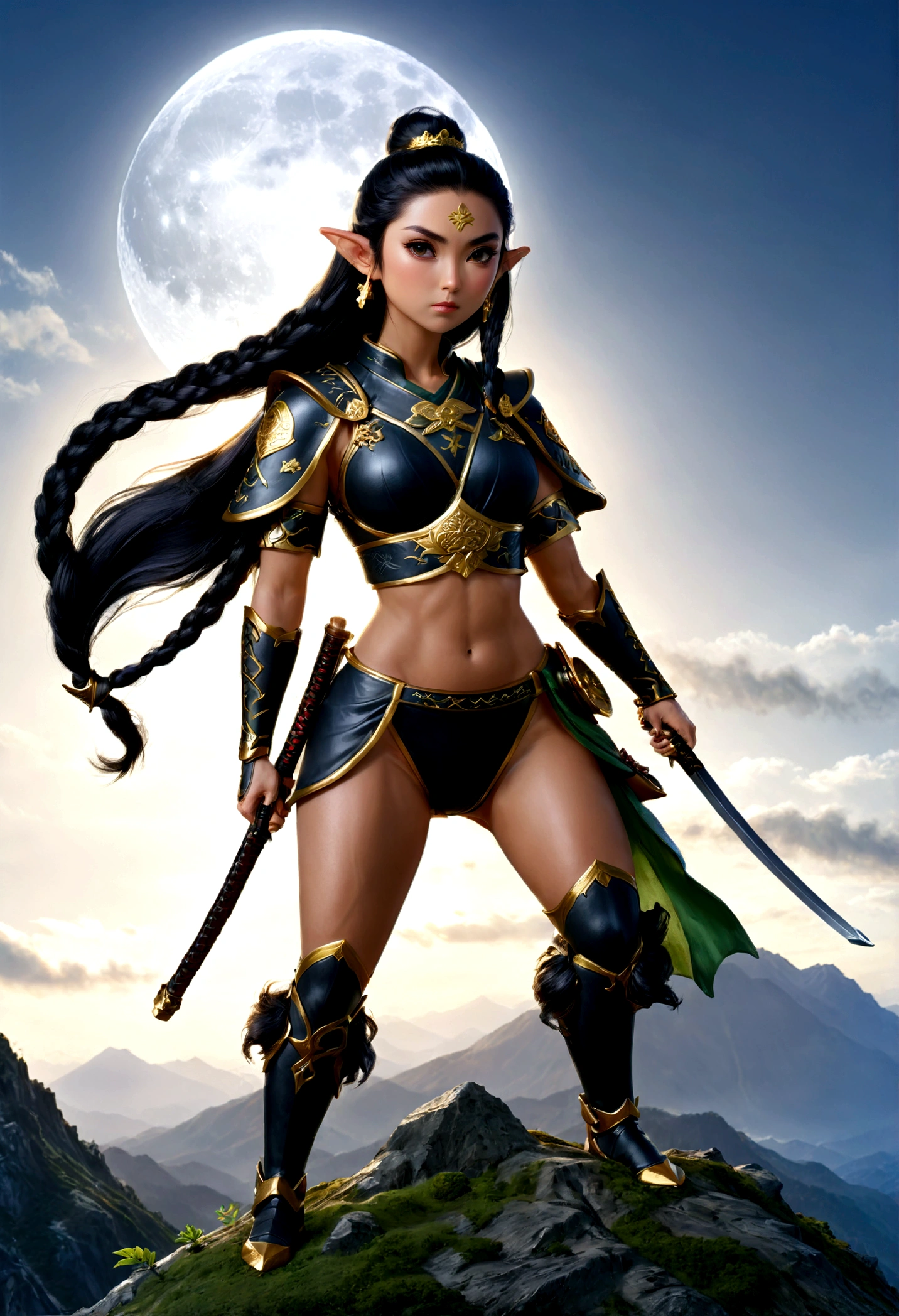 fantasy art, RPG art, a female elf samurai, ready to battle, she wears traditional samurai armor, armed with a katana, she stands on top of the mountain at dawn, exquisite beautiful female elf, long hair, black hair, straight hair, braided hair, black eyes, intense eyes, small pointed ears, fantasy mountain top at dawn background, moon, stars, clouds, god rays, soft natural light silhouette, dynamic angle, photorealism, panoramic view, ultra best realistic, best details, 16k, [ultra detailed], masterpiece, best quality, (extremely detailed), photorealism, depth of field,