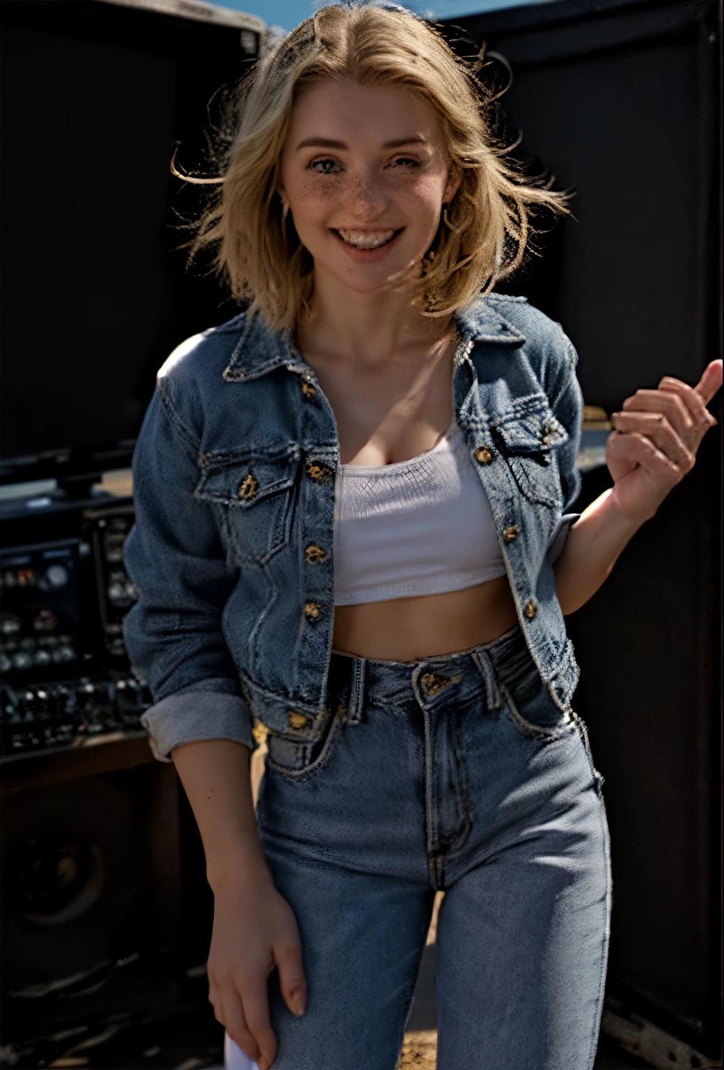 A 21-year-old girl named Kate with short blonde hair, very nice medium-sized breasts, and a height of 1.60 meters, has a white British style. Kate is beautiful, with an angelic face and light freckles around her nose. Kate is wearing light blue jeans with a light denim jacket and a plain white shirt underneath. Kate is wearing light-colored All Star sneakers. She is standing with a music recording studio in the background, equipped with a guitar, an electric guitar, a mixing console, and all the equipment typical of a recording studio. Kate is standing with a microphone near her mouth as if she is singing, posing for a photo for the marketing of her new song. Kate looks happy.