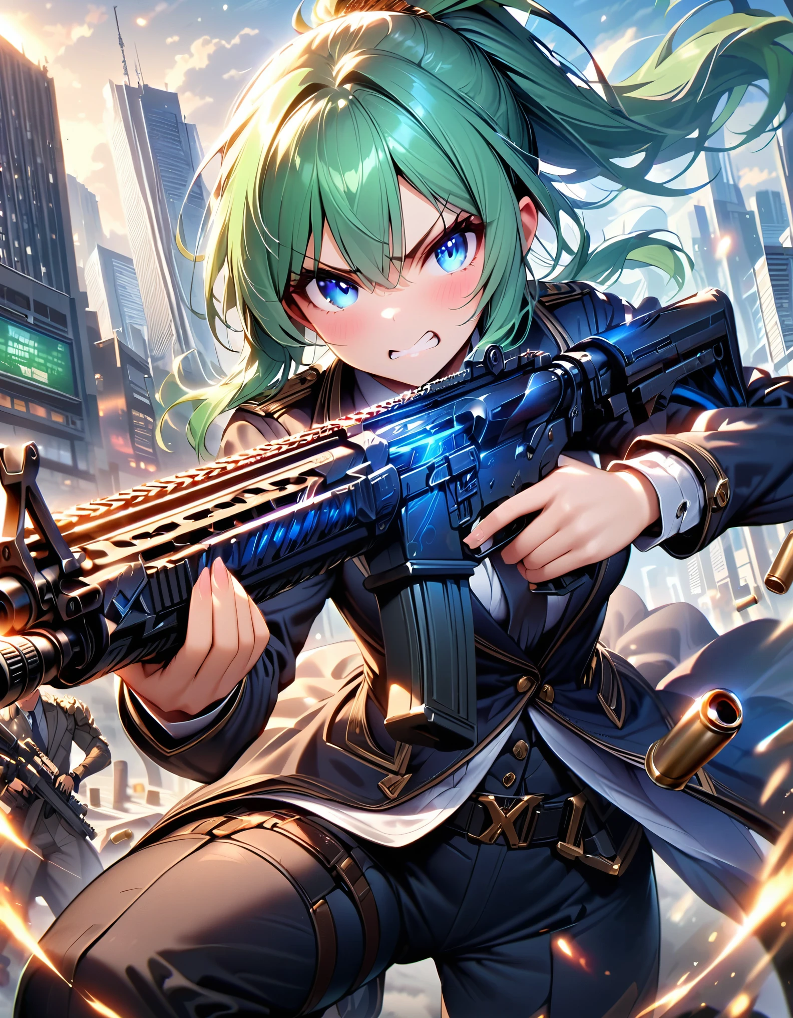 masterpiece, best quality, highres, 1girl, solo, solo focus, green hair, medium hair, ponytail, bangs, blue eyes, beautiful detailed eyes, beautiful detailed face, cute face. angry, clenched teeth. light grey suit and tie, matching pants, slacks, black dress shoes. dynamic action pose. tokyo city backdrop, outdoors. using and firing an assault rifle, (shell casings coming from the rifle), finger on trigger, perfect hand, perfect hands. cowboy shot. action atmosphere. (a gigantic bug monster sneaks behind her).