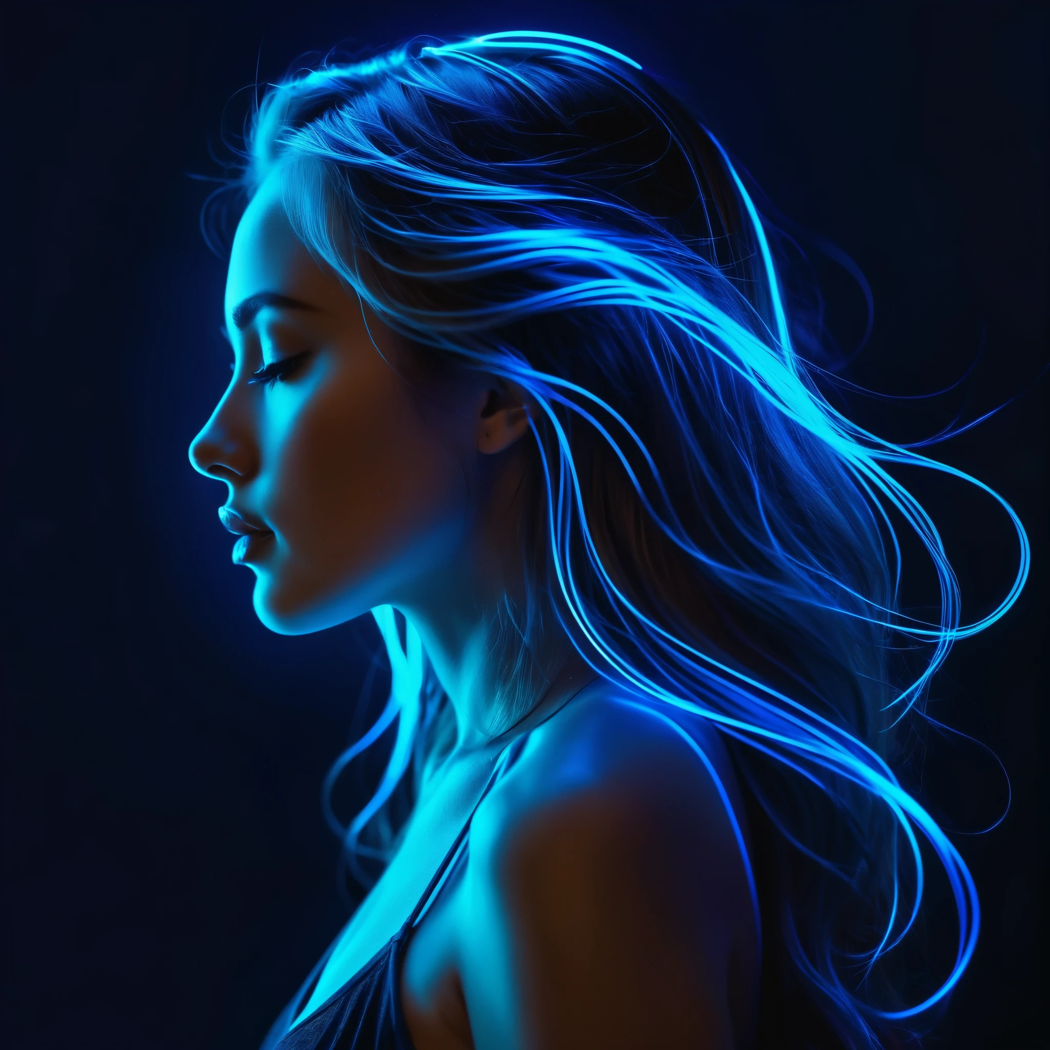 A striking image of a woman's profile, rendered in a glowing blue neon style against a dark background. The woman has long, flowing hair made of light, with delicate, ethereal strands swirling around her head. Her facial features are serene and calm, illuminated by the neon light that outlines her profile. The overall effect is otherworldly and captivating, creating a sense of both tranquility and energy. The background is dark, making the blue neon light stand out vividly