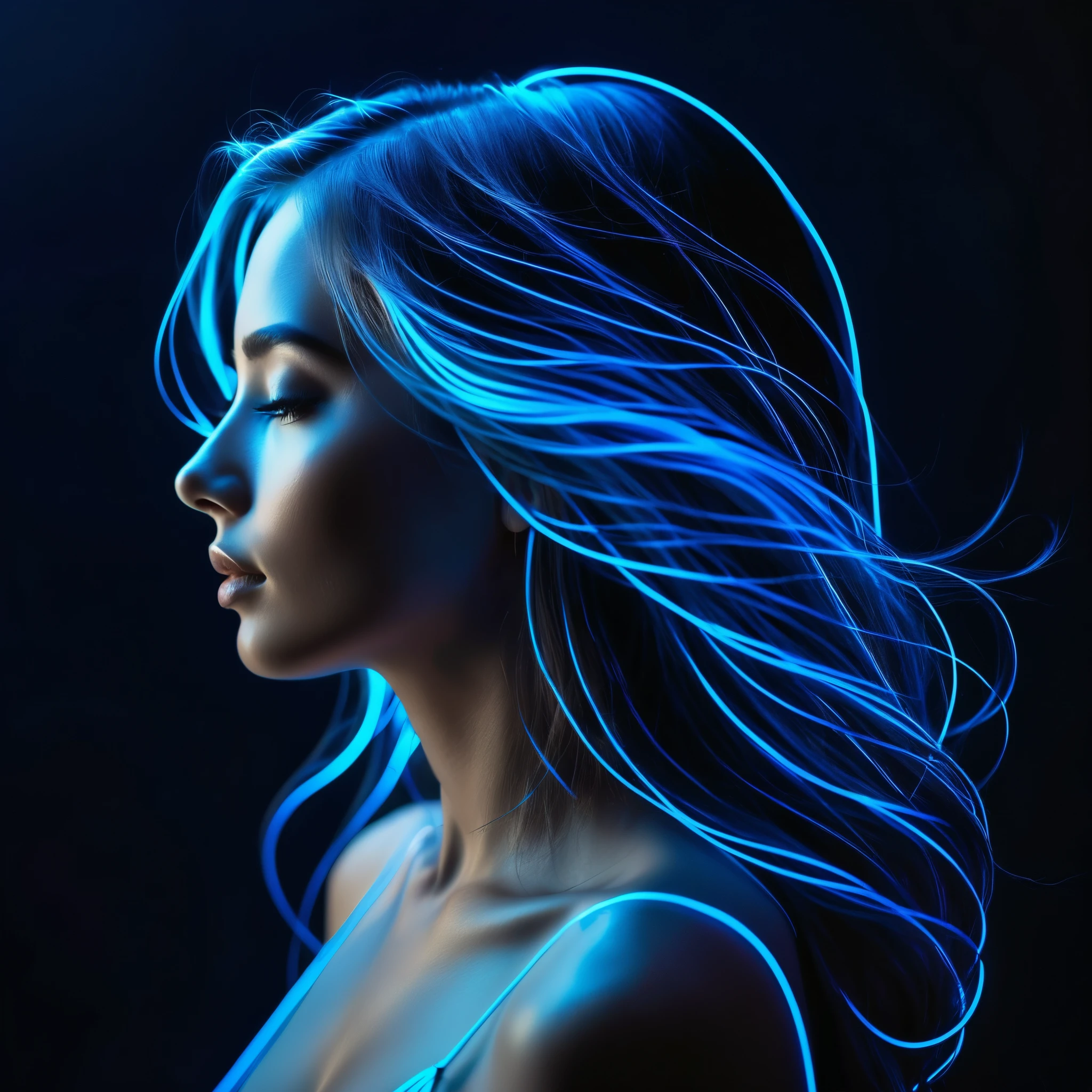 A striking image of a woman's profile, rendered in a glowing blue neon style against a dark background. The woman has long, flowing hair made of light, with delicate, ethereal strands swirling around her head. Her facial features are serene and calm, illuminated by the neon light that outlines her profile. The overall effect is otherworldly and captivating, creating a sense of both tranquility and energy. The background is dark, making the blue neon light stand out vividly