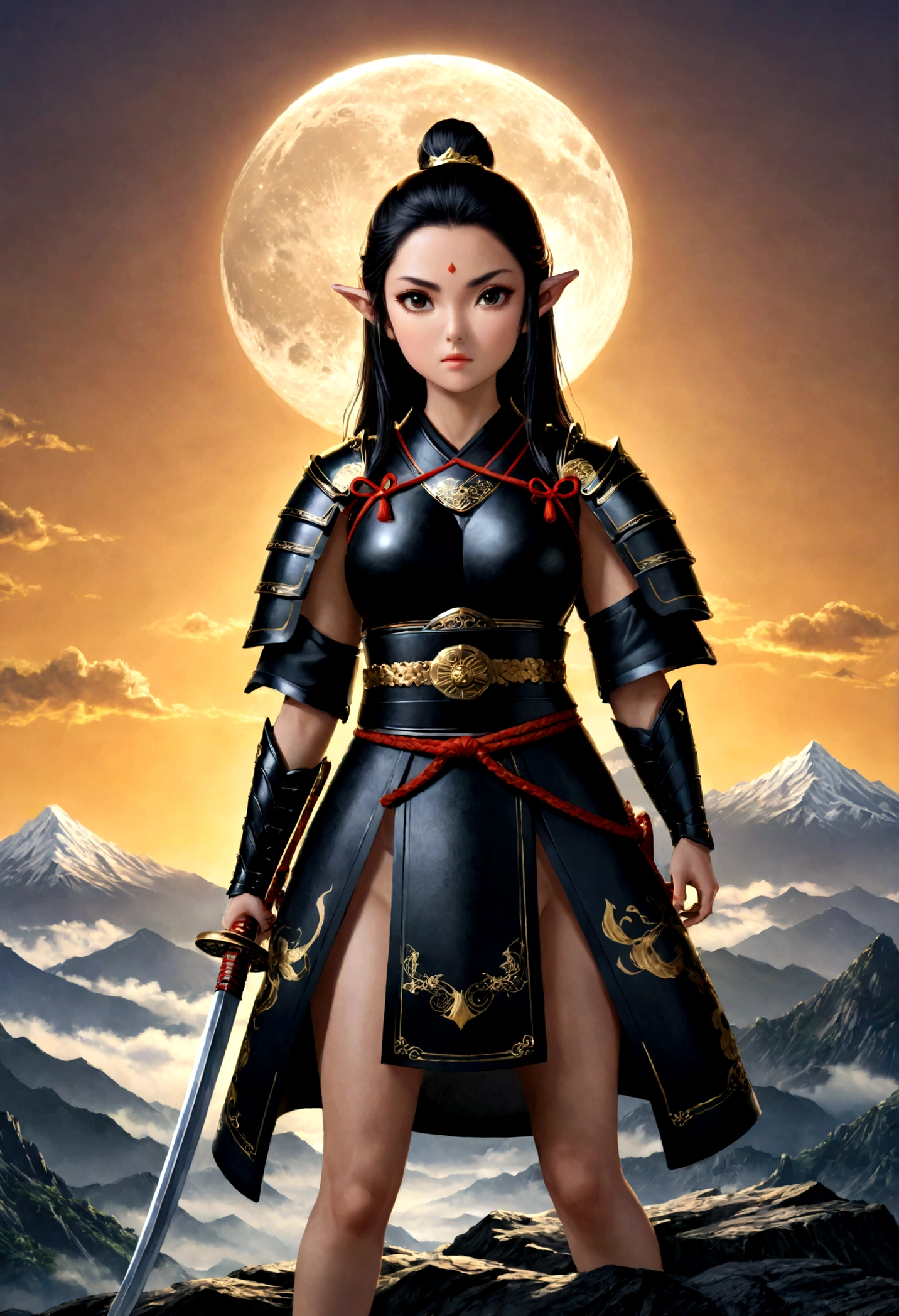 fantasy art, RPG art, dark fantasy art, a female elf samurai, ready to battle, she wears traditional samurai armor, armed with a katana, she stands on top of the mountain at dawn, exquisite beautiful female elf, long hair, black hair, straight hair, braided hair, black eyes, intense eyes, small pointed ears, fantasy mountain top at dawn background, moon, stars, clouds, god rays, soft natural light silhouette, dynamic angle, photorealism, panoramic view, ultra best realistic, best details, 16k, [ultra detailed], masterpiece, best quality, (extremely detailed), photorealism, depth of field,