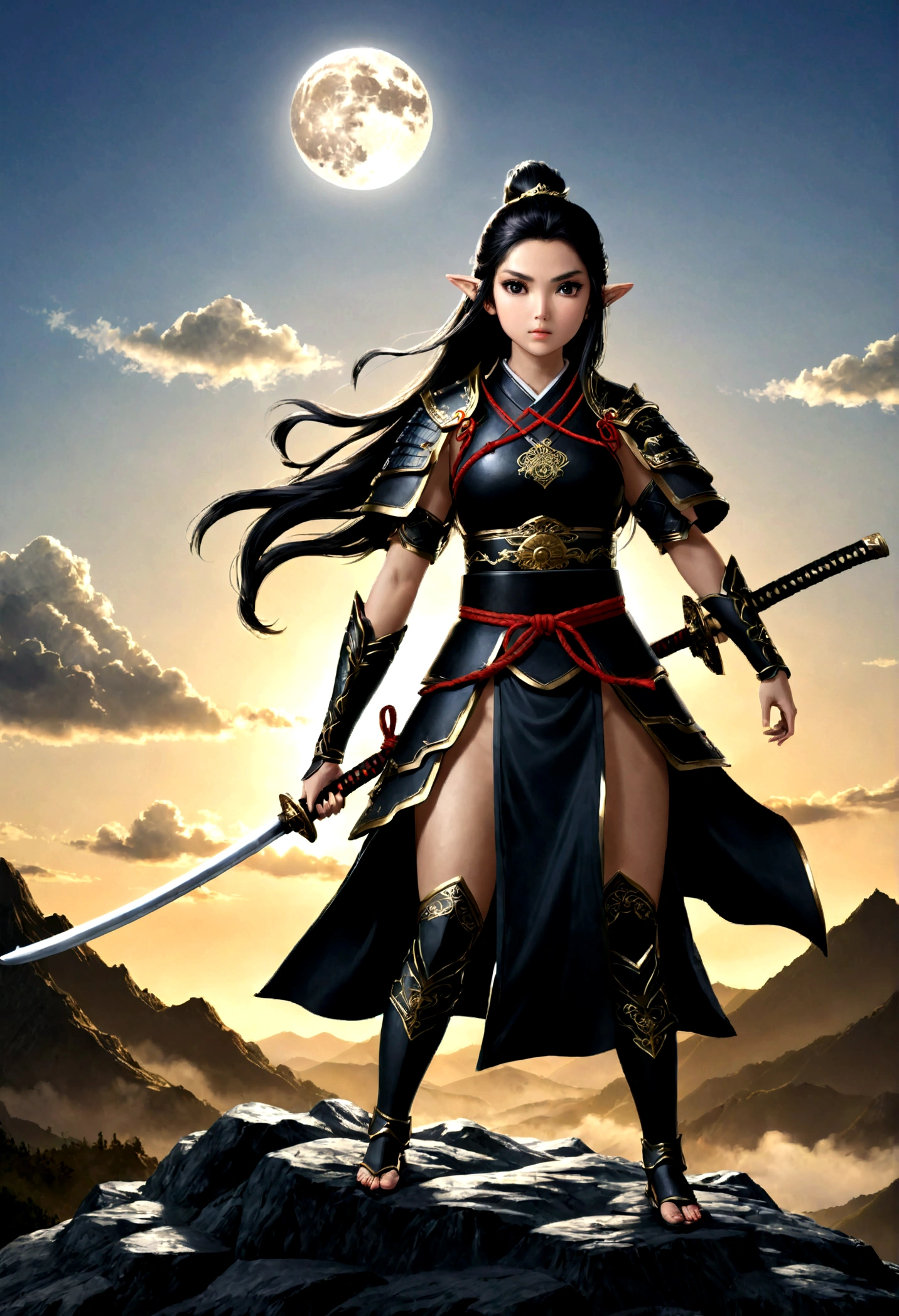 fantasy art, RPG art, dark fantasy art, a female elf samurai, ready to battle, she wears traditional samurai armor, armed with a katana, she stands on top of the mountain at dawn, exquisite beautiful female elf, long hair, black hair, straight hair, braided hair, black eyes, intense eyes, small pointed ears, fantasy mountain top at dawn background, moon, stars, clouds, god rays, soft natural light silhouette, dynamic angle, photorealism, panoramic view, ultra best realistic, best details, 16k, [ultra detailed], masterpiece, best quality, (extremely detailed), photorealism, depth of field,