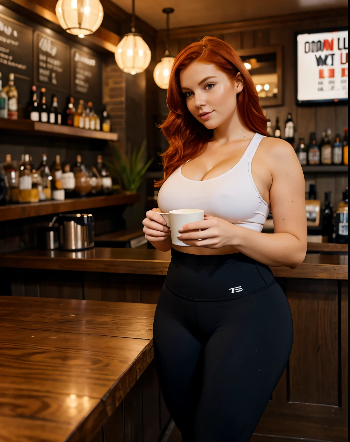 Redhead girl, curvy girl, sexy sport clothes, drinking coffee at a bar on the street