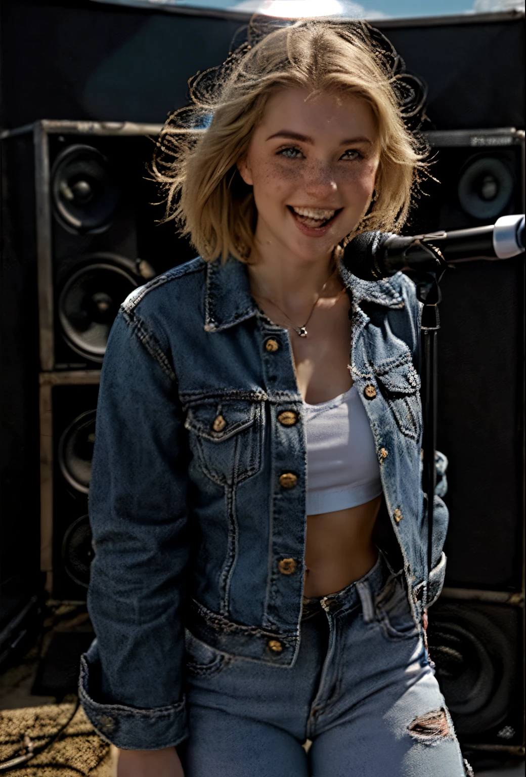 A 21-year-old girl named Kate with short blonde hair, very nice medium-sized breasts, and a height of 1.60 meters, has a white British style. Kate is beautiful, with an angelic face and light freckles around her nose. Kate is wearing light blue jeans with a light denim jacket and a plain white shirt underneath. Kate is wearing light-colored All Star sneakers. She is standing with a music recording studio in the background, equipped with a guitar, an electric guitar, a mixing console, and all the equipment typical of a recording studio. Kate is standing with a microphone near her mouth as if she is singing, posing for a photo for the marketing of her new song. Kate looks happy.