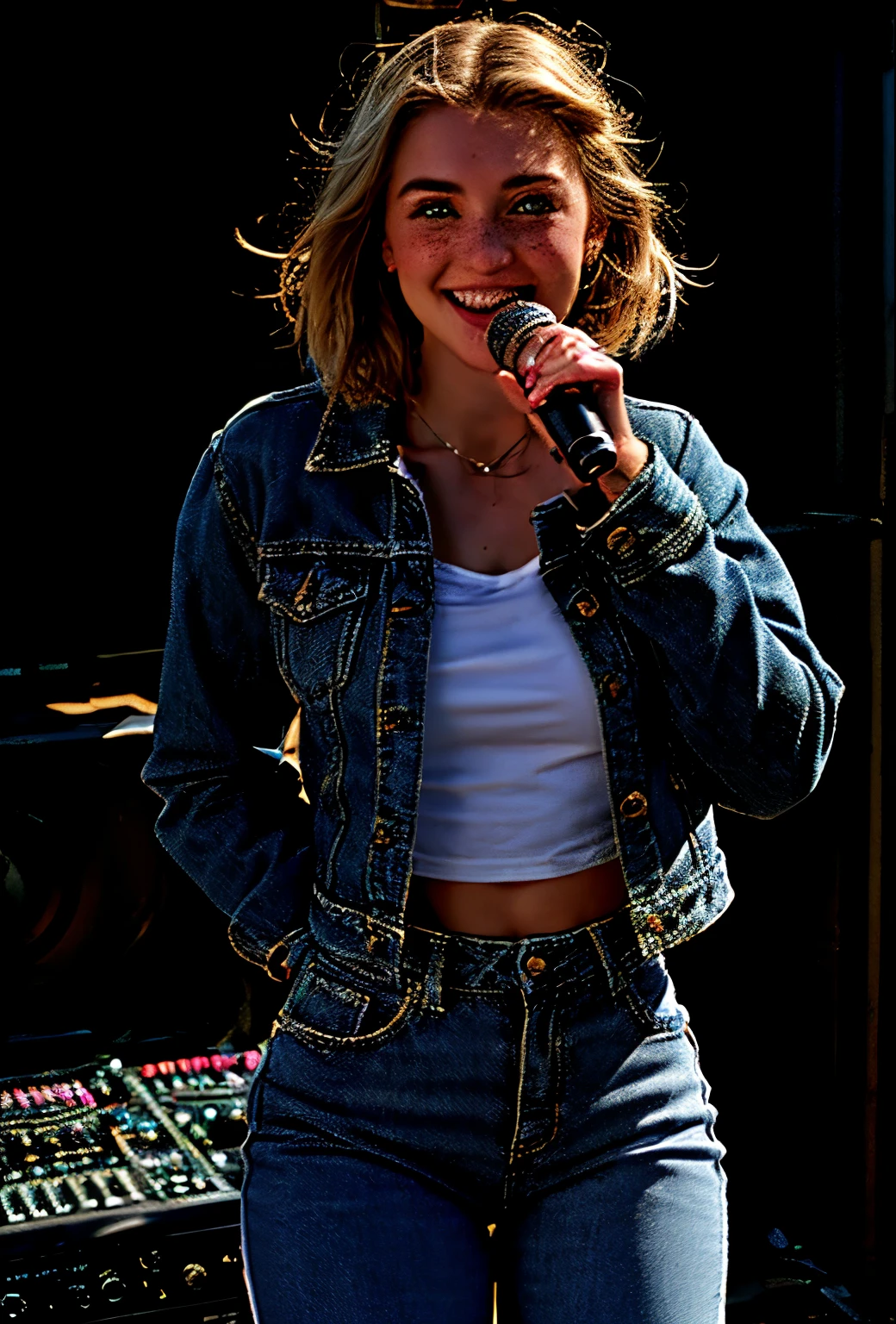 A 21-year-old girl named Kate with short blonde hair, very nice medium-sized breasts, and a height of 1.60 meters, has a white British style. Kate is beautiful, with an angelic face and light freckles around her nose. Kate is wearing light blue jeans with a light denim jacket and a plain white shirt underneath. Kate is wearing light-colored All Star sneakers. She is standing with a music recording studio in the background, equipped with a guitar, an electric guitar, a mixing console, and all the equipment typical of a recording studio. Kate is standing with a microphone near her mouth as if she is singing, posing for a photo for the marketing of her new song. Kate looks happy.