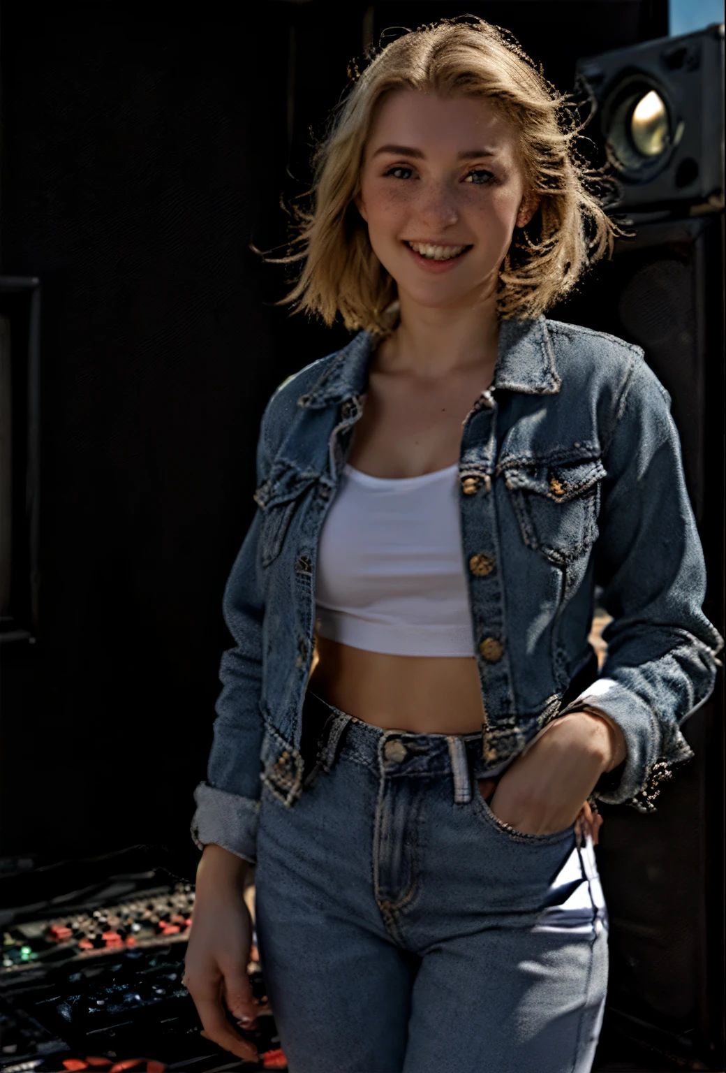 A 21-year-old girl named Kate with short blonde hair, very nice medium-sized breasts, and a height of 1.60 meters, has a white British style. Kate is beautiful, with an angelic face and light freckles around her nose. Kate is wearing light blue jeans with a light denim jacket and a plain white shirt underneath. Kate is wearing light-colored All Star sneakers. She is standing with a music recording studio in the background, equipped with a guitar, an electric guitar, a mixing console, and all the equipment typical of a recording studio. Kate is standing with a microphone near her mouth as if she is singing, posing for a photo for the marketing of her new song. Kate looks happy.