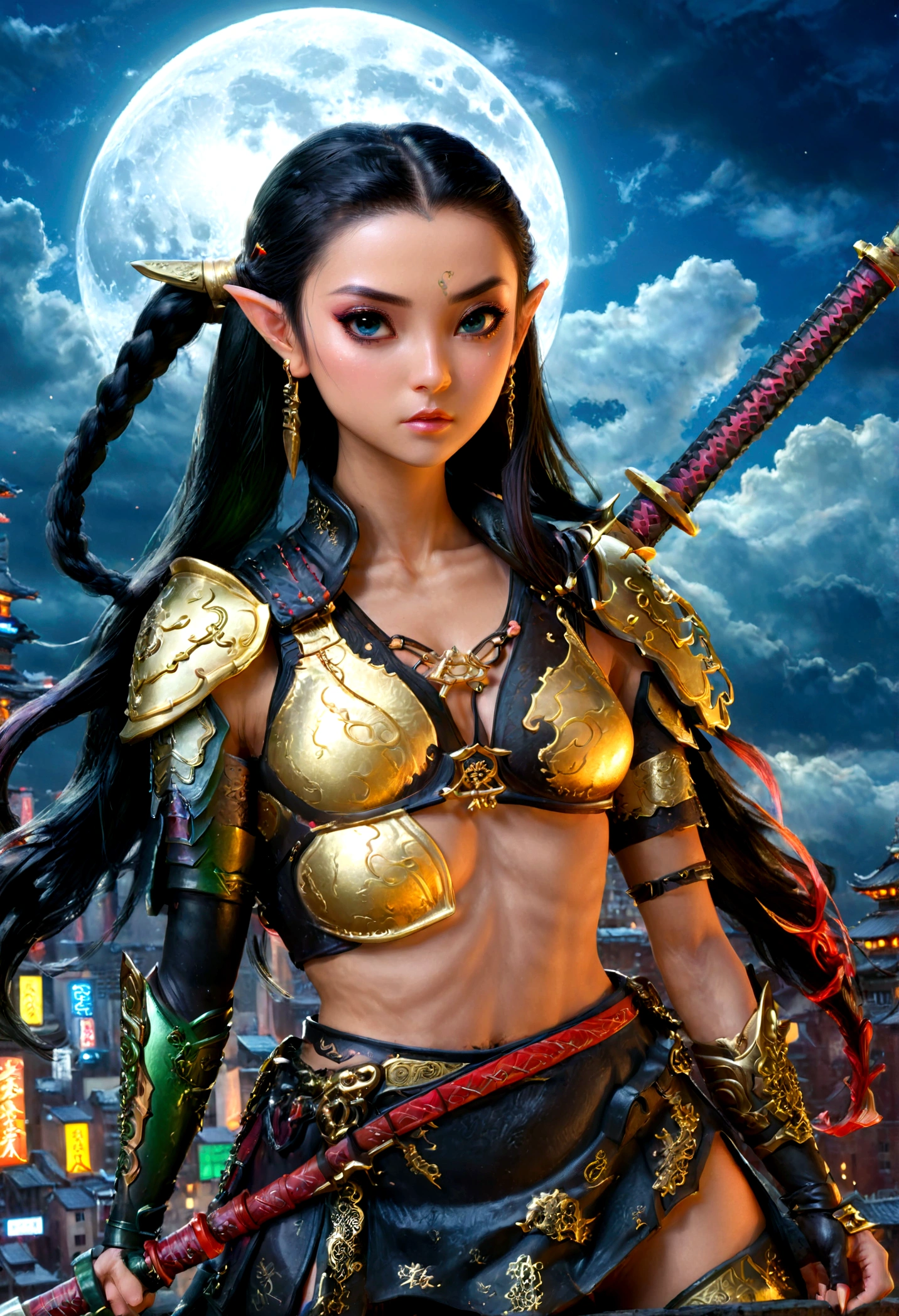 fantasy art, RPG art, dark fantasy art, a female elf samurai, ready to battle, she wears traditional samurai armor, armed with a katana, she stands on top of a tower in a cyberpunk city, exquisite beautiful female elf, long hair, black hair, straight hair, braided hair, black eyes, intense eyes, small pointed ears, cyberpunk city at night, background, moon, stars, clouds, god rays, soft natural light, dynamic angle, photorealism, panoramic view, ultra best realistic, best details, 16k, [ultra detailed], masterpiece, best quality, (extremely detailed), photorealism, depth of field,