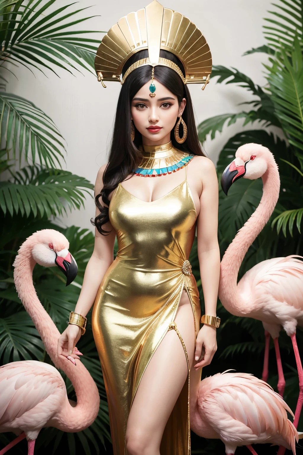 1 mulher, cor olho castanho claro, vestido de cleopatra, Pharaoh, flamingo, beija flor, sentada no trono, Egyptian headdress , cor do cabelo castanho claro, vestido egipcio, ao lado, piramide no fundo, mulher seria, rosto brava, muitos acessorios egipcios, maquiagem egipcia, Egyptian headdress, vestido longo, vestido solto,flamingo hug, flamingos em volta,