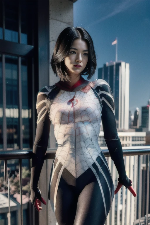 (Extreme Detail CG Unity 8K wallpaper, masterpiece, highest quality), (Exquisite lighting and shadow, highly dramatic graphics, Cinematic lens effect), (A girl in a white Spider-Man costume, from a parallel universe, city skyline in the background, dynamic pose), (excellent detail, outstanding lighting, wide angle), (excellent rendering, enough to stand out in its class)