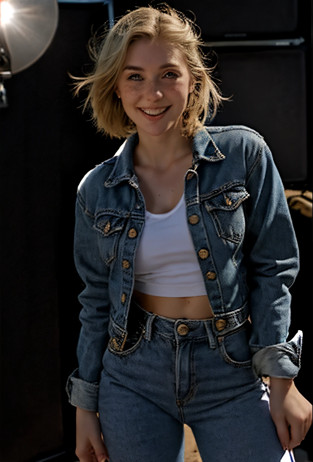 A 21-year-old girl named Kate with short blonde hair, very nice medium-sized breasts, and a height of 1.60 meters, has a white British style. Kate is beautiful, with an angelic face and light freckles around her nose. Kate is wearing light blue jeans with a light denim jacket and a plain white shirt underneath. Kate is wearing light-colored All Star sneakers. She is standing with a music recording studio in the background, equipped with a guitar, an electric guitar, a mixing console, and all the equipment typical of a recording studio. Kate is standing with a microphone near her mouth as if she is singing, posing for a photo for the marketing of her new song. Kate looks happy.