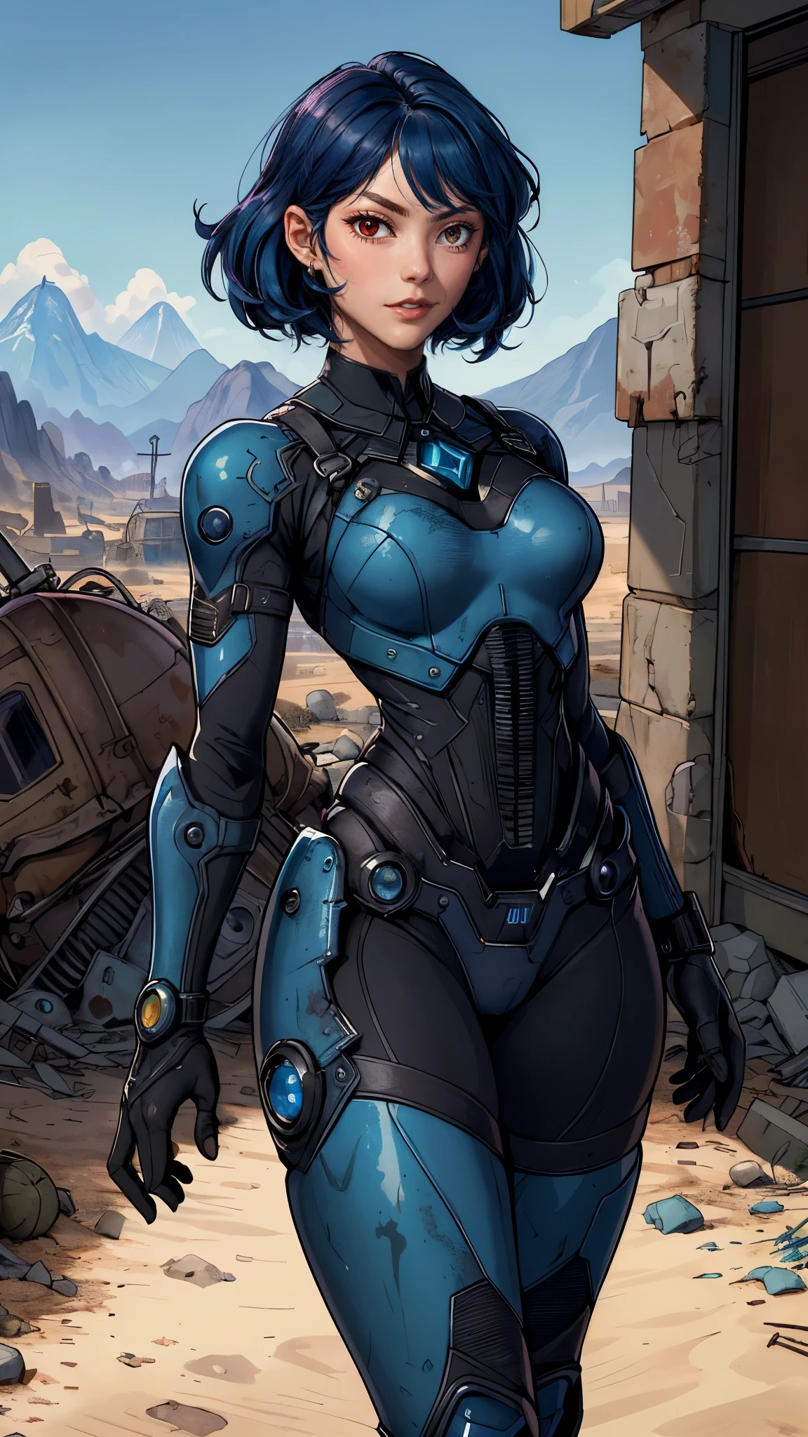 (La mejor calidad,A high resolution,Ultra - detallado,actual),(Ella Purnell linda y nerd) , (Ingrid Bergman:Gillian Jacobs:0.5), (pelo negro ondulado atado en una cola de caballo) , (wearing a blue vault suit from Fallout 4 with lots of details and slits:1.4 ), Cara de alto detalle, Piel de alto detalle, seductive expression, cuerpo perfecto, proporciones perfectas, a nuclear wasteland background with scattered ruins, alta calidad, Obra maestra, foto realista, intrincadamente detallado, 8k, hdr, poca profundidad de campo, Luz amplia, alto contraste, Iluminar desde el fondo, Sharp focus, Foto en color crudo, mirando a la camara, colores frios, dynamic poses, (al estilo de Fallout 4:1.4) , (Detalles de la cara: 1.5, ojos azules hermosos , hermoso rostro, ojos bonitos, Iris lining, labios delgados: 1.5, delgado, pale and sharp eyebrows, Largo, dark eyelashes, double eyelashes),(Ella Purnell:1.4), (Ella Purnell V2.1), (Fallout V2.1)