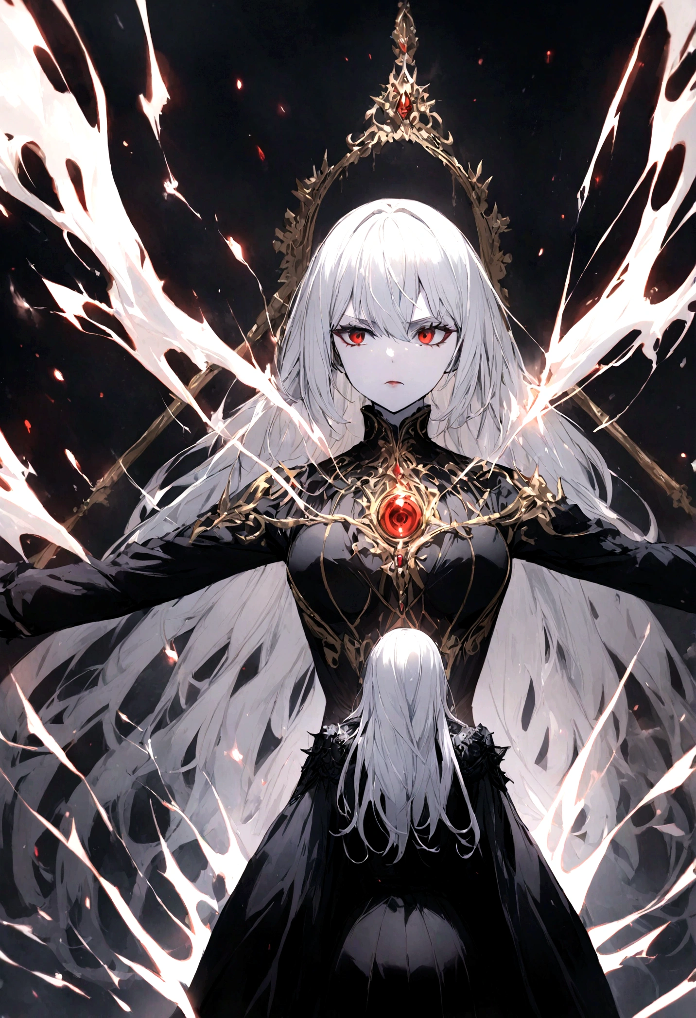 A girl with white hair, green eyes, and white skin confronts with her magic a villain wearing a black coat with red eyes