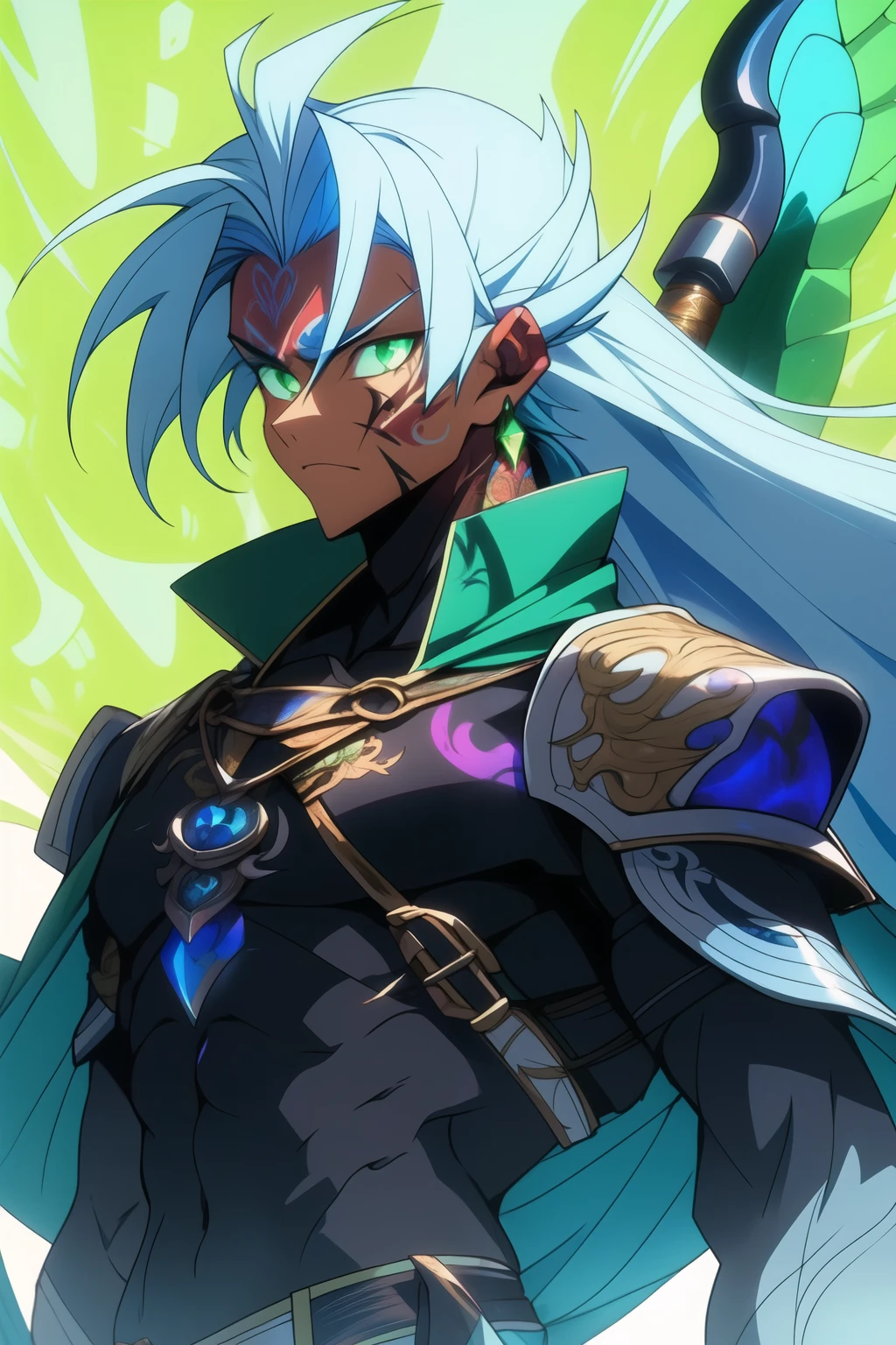 an anime man 1.80 tall (long silver hair) with (green eyes) with (a scar on his forehead in x) and (body tattoo with a blue color but the most striking is one that resembles a dragon on his back) 

clothes (he wears a torn cloak and a jointed chest and shoulder pads made of old plates with a symbol of two dragons)

his weapon (it is a bow made of black steel with blue runes that attach to a blue stone in the middle of the bow)