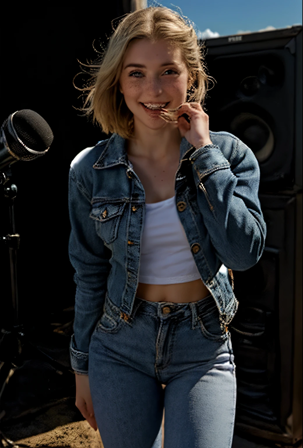 A 21-year-old girl named Kate with short blonde hair, very nice medium-sized breasts, and a height of 1.60 meters, has a white British style. Kate is beautiful, with an angelic face and light freckles around her nose. Kate is wearing light blue jeans with a light denim jacket and a plain white shirt underneath. Kate is wearing light-colored All Star sneakers. She is standing with a music recording studio in the background, equipped with a guitar, an electric guitar, a mixing console, and all the equipment typical of a recording studio. Kate is standing with a microphone near her mouth as if she is singing, posing for a photo for the marketing of her new song. Kate looks happy.