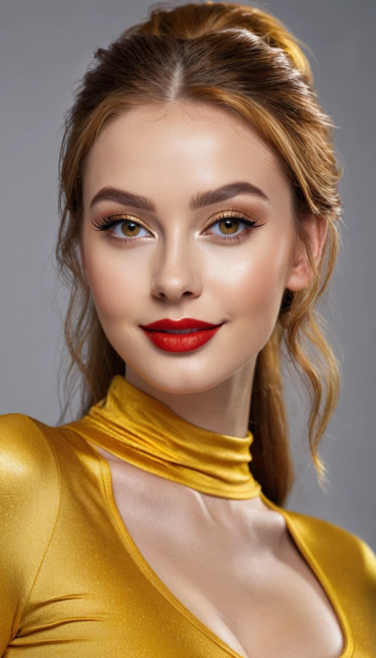 hyperrealistic beautiful busty 19-year-old woman with long legs wearing shiny golden yellow bodycon longsleeve and leggins, model shooting full body photography, ginger very long straight updo hair, soaky wet skin, dark eye makeup with eyeliner, seductive smile, red lips, 8K, Best quality, Meisterwerk, ultra high resolution, (Realismus: 1.4), Originalfoto, (realistische Hautstruktur: 1.3), (Filmkorn: 1.3), (Selfie-Winkel), 1 girl, Beautiful round hazel eyes and facial details, Meisterwerk, Best quality, indoor photography, nsfw
