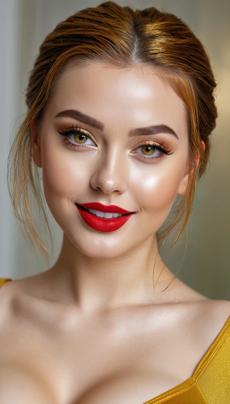 hyperrealistic beautiful busty 19-year-old woman with long legs wearing shiny golden yellow bodycon longsleeve and leggins, model shooting full body photography, ginger very long straight updo hair, soaky wet skin, dark eye makeup with eyeliner, seductive smile, red lips, 8K, Best quality, Meisterwerk, ultra high resolution, (Realismus: 1.4), Originalfoto, (realistische Hautstruktur: 1.3), (Filmkorn: 1.3), (Selfie-Winkel), 1 girl, Beautiful round hazel eyes and facial details, Meisterwerk, Best quality, indoor photography, nsfw
