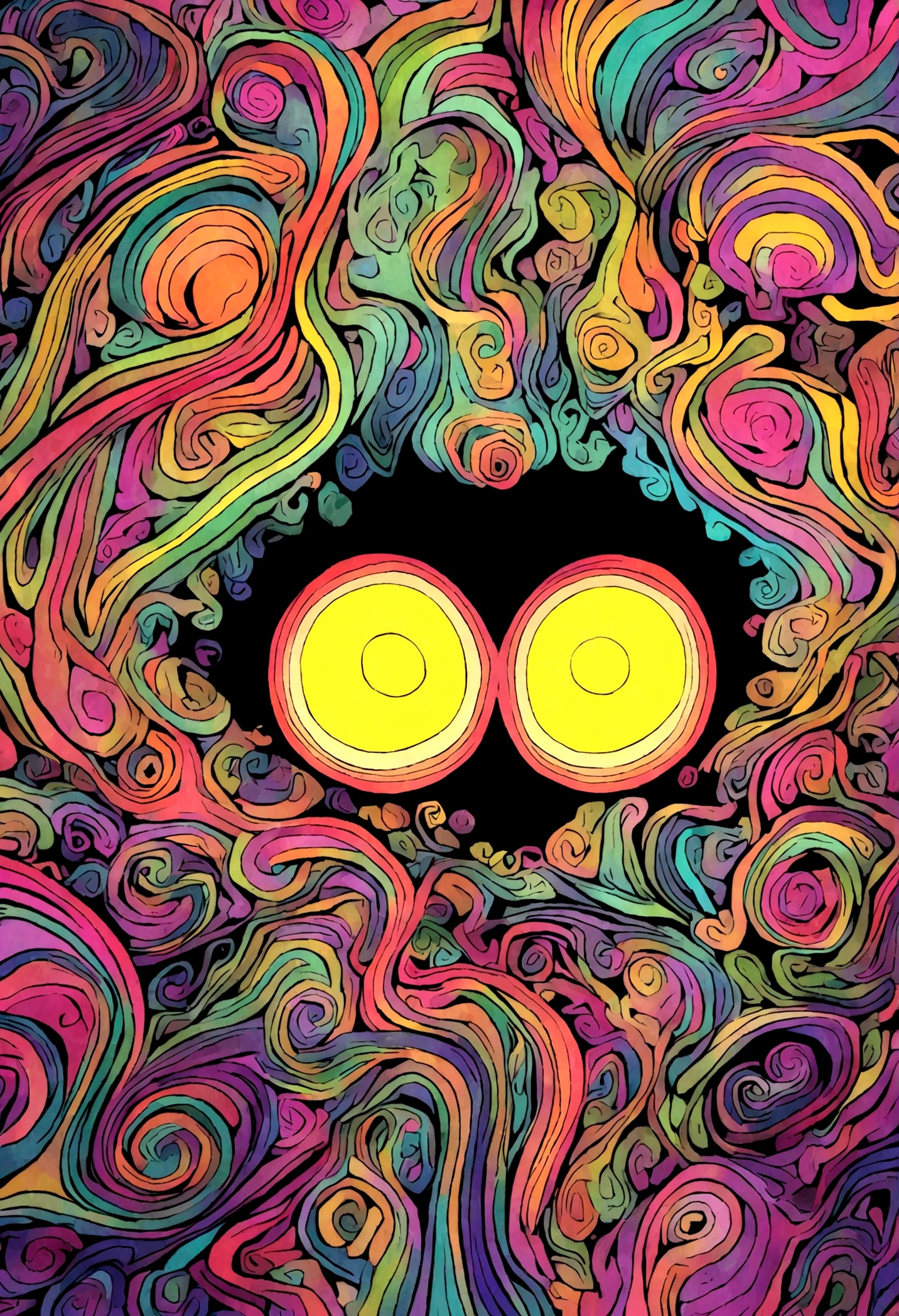 cartoon; strawberry with yellow big long eyes, no mouth, background trippy in nature